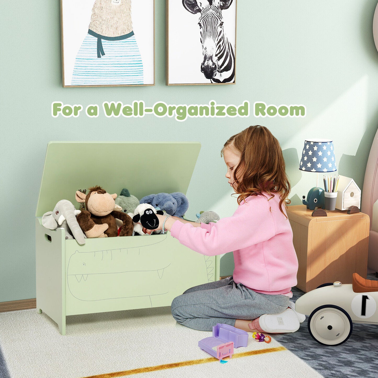 Wooden Kids Toy Box with Safety Hinge-Green Kids Crystal