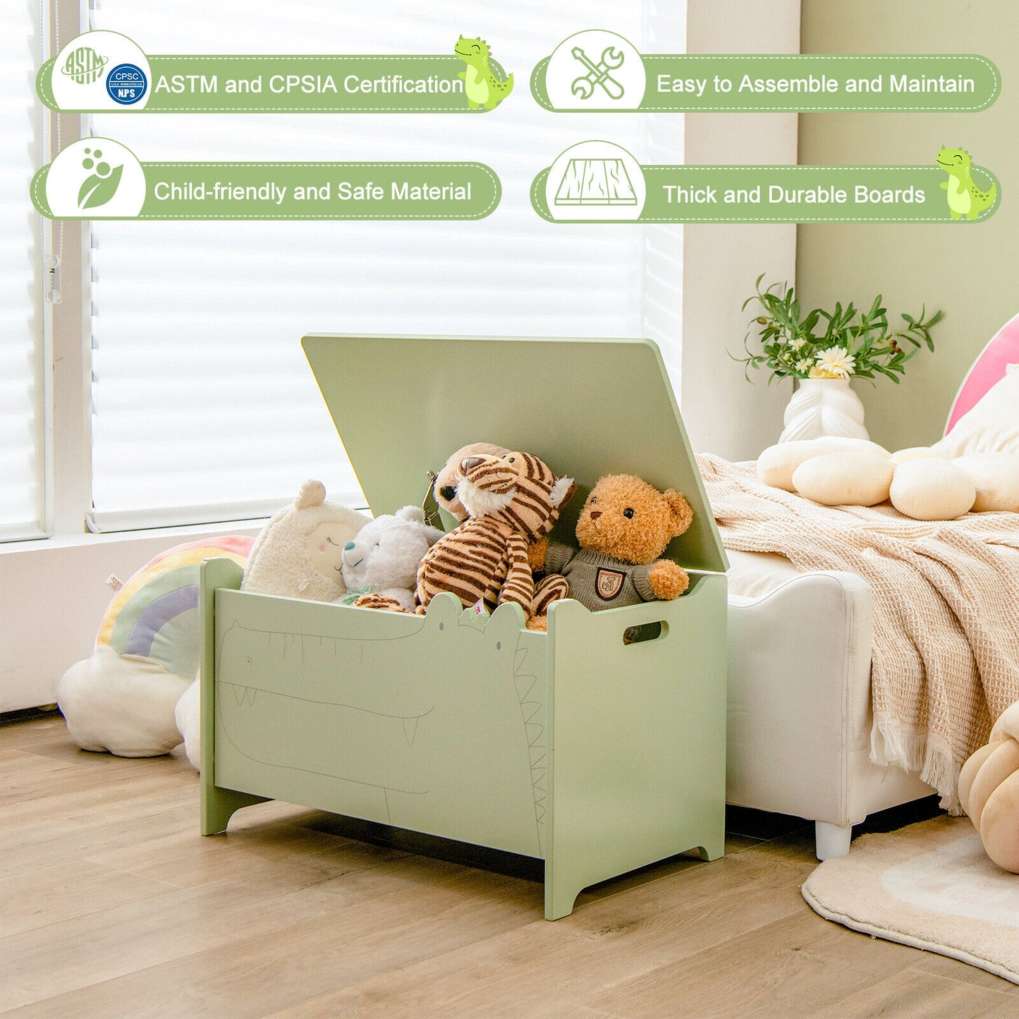 Wooden Kids Toy Box with Safety Hinge-Green Kids Crystal