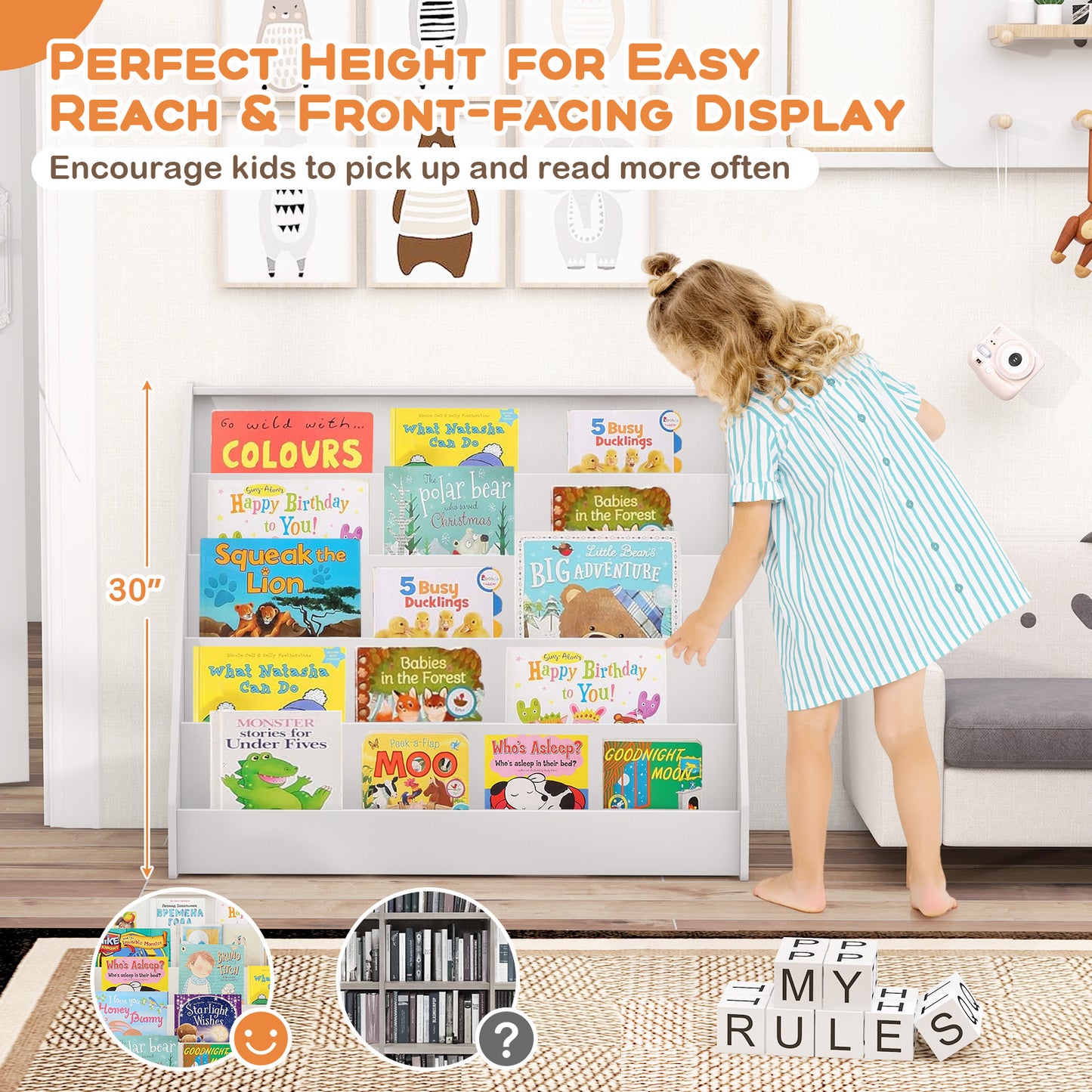 5-Tier Kids Bookshelf with Deep Compartments and Stable Baby Book Case-White Kids Crystal