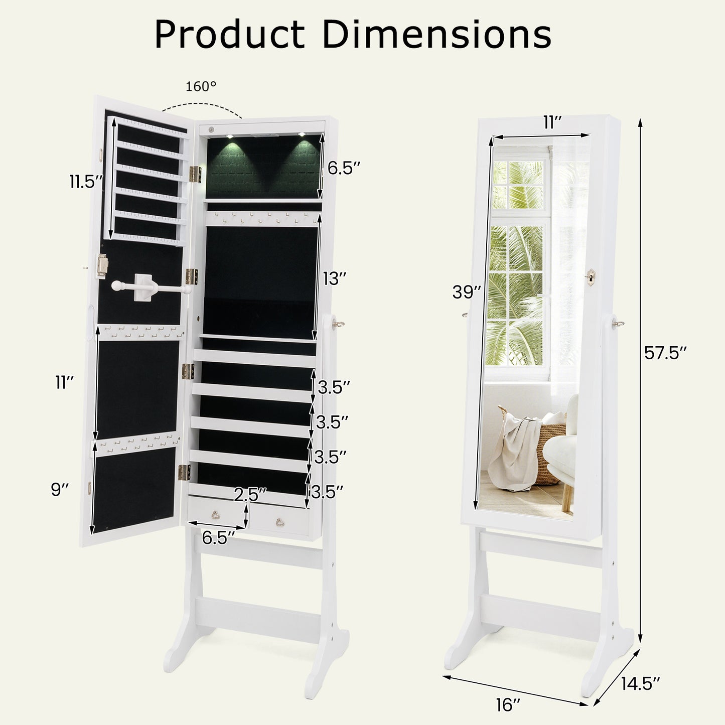 Lockable Freestanding Jewelry Cabinet Armoire with Full-Length Mirror and Lights-White Kids Crystal