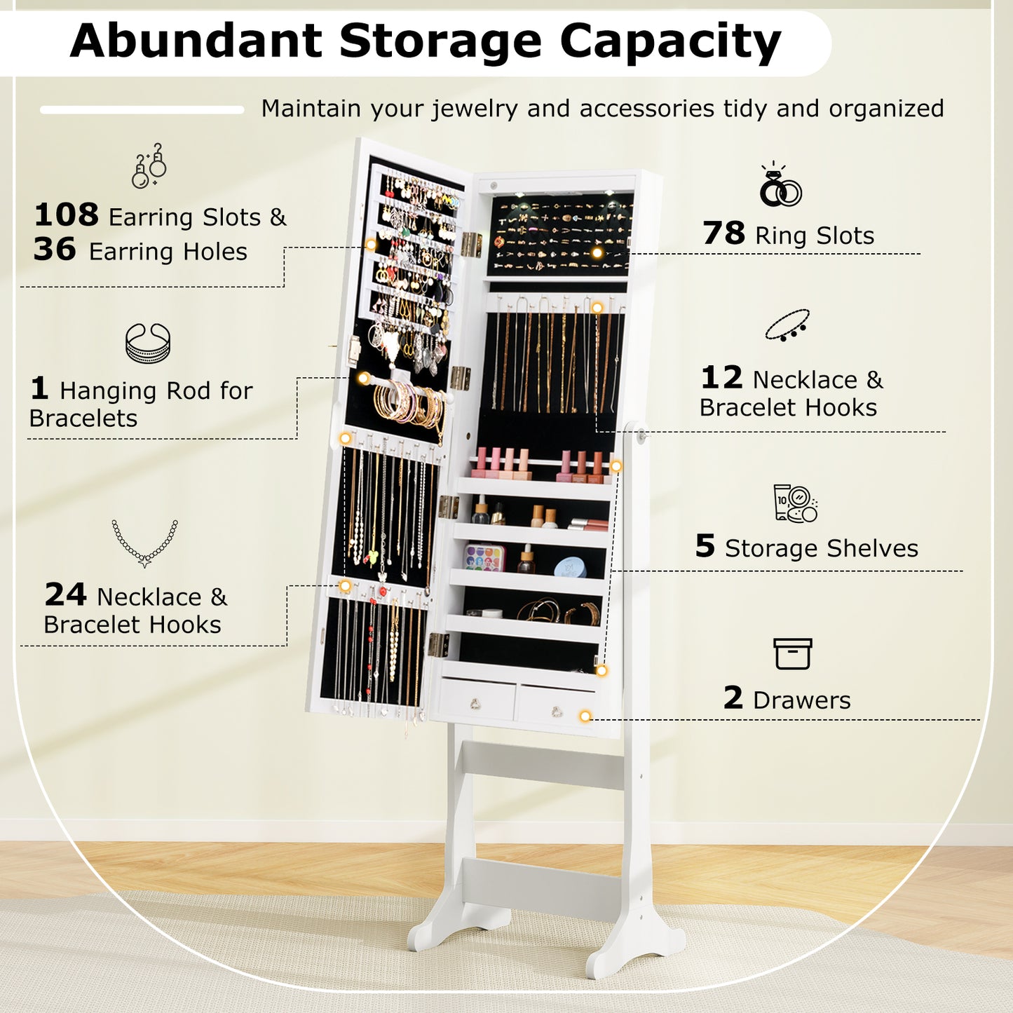 Lockable Freestanding Jewelry Cabinet Armoire with Full-Length Mirror and Lights-White Kids Crystal