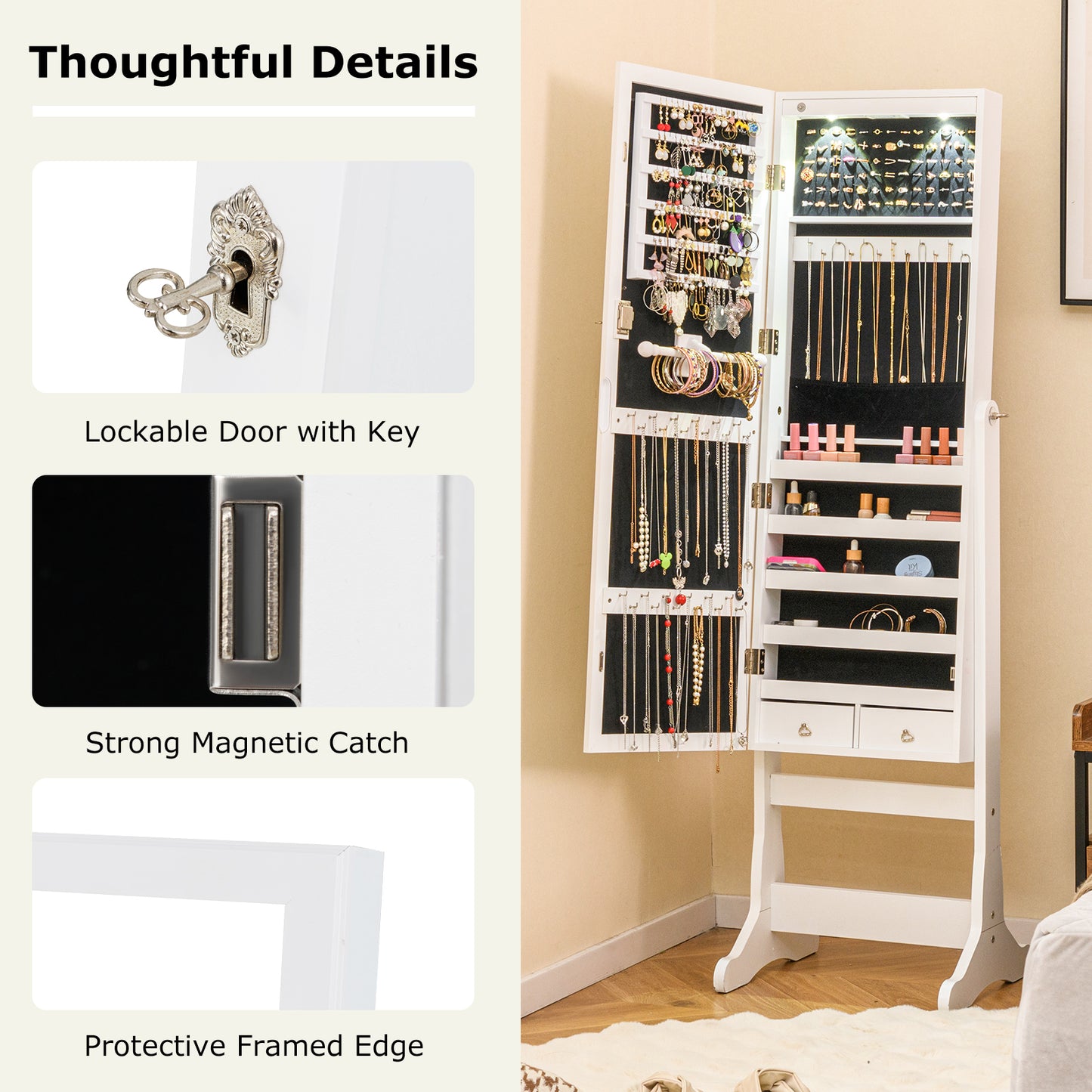Lockable Freestanding Jewelry Cabinet Armoire with Full-Length Mirror and Lights-White Kids Crystal