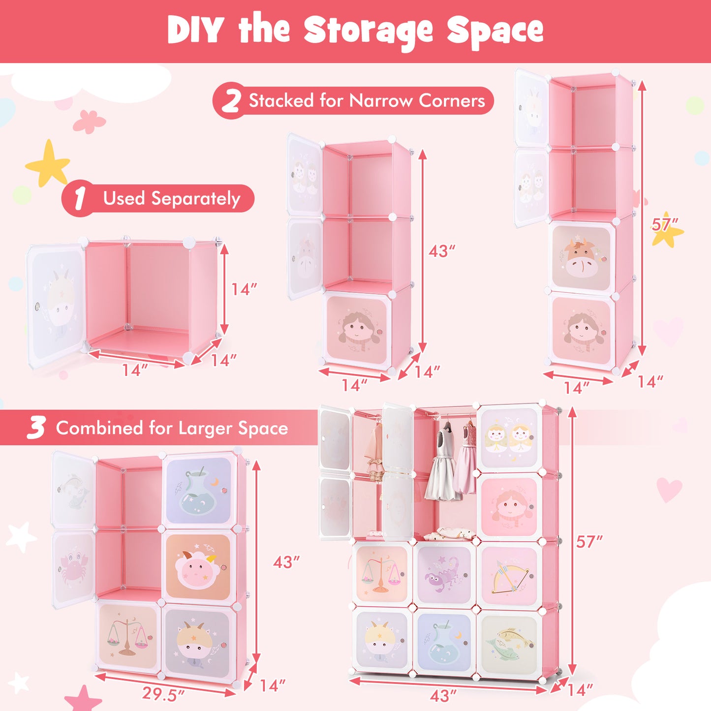 12 Cube Kids Wardrobe Closet with Hanging Section and Doors-White and Pink Kids Crystal