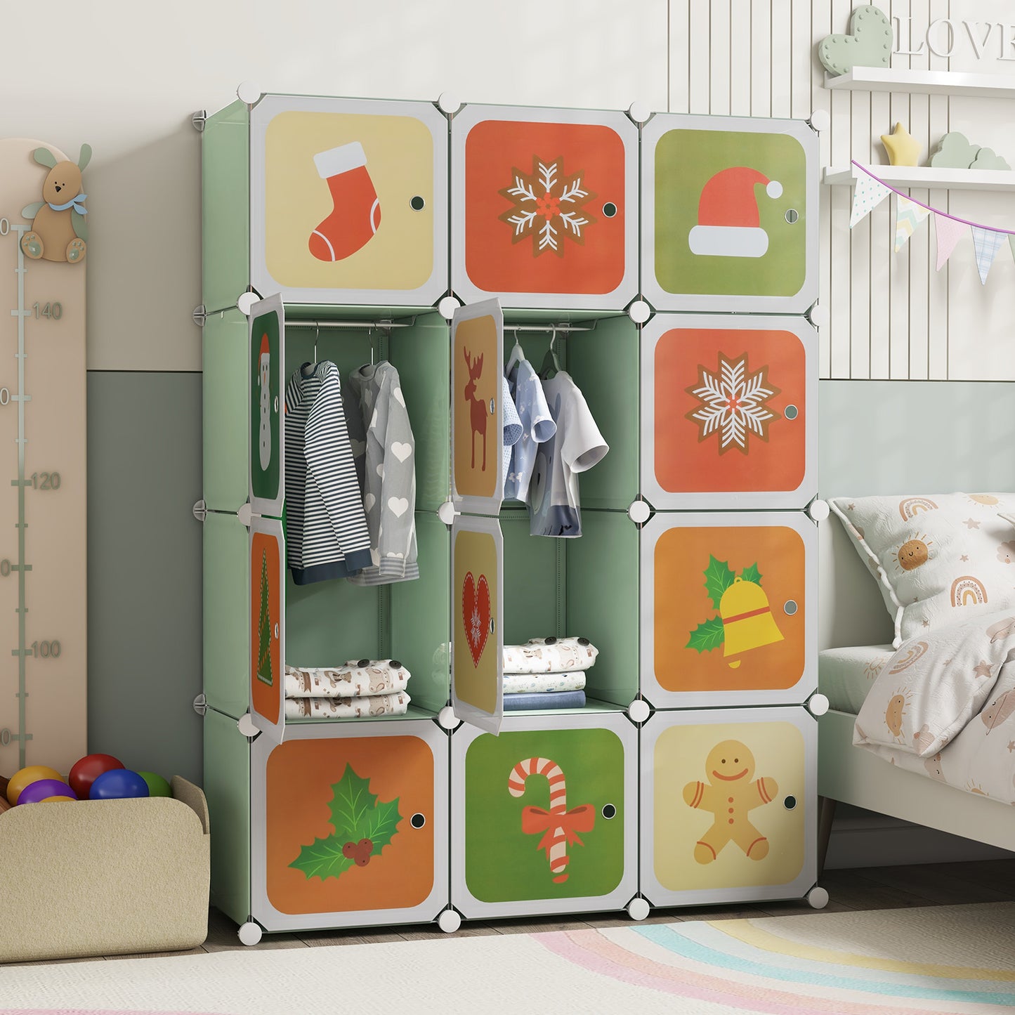 12 Cube Kids Wardrobe Closet with Hanging Section and Doors-Green Kids Crystal