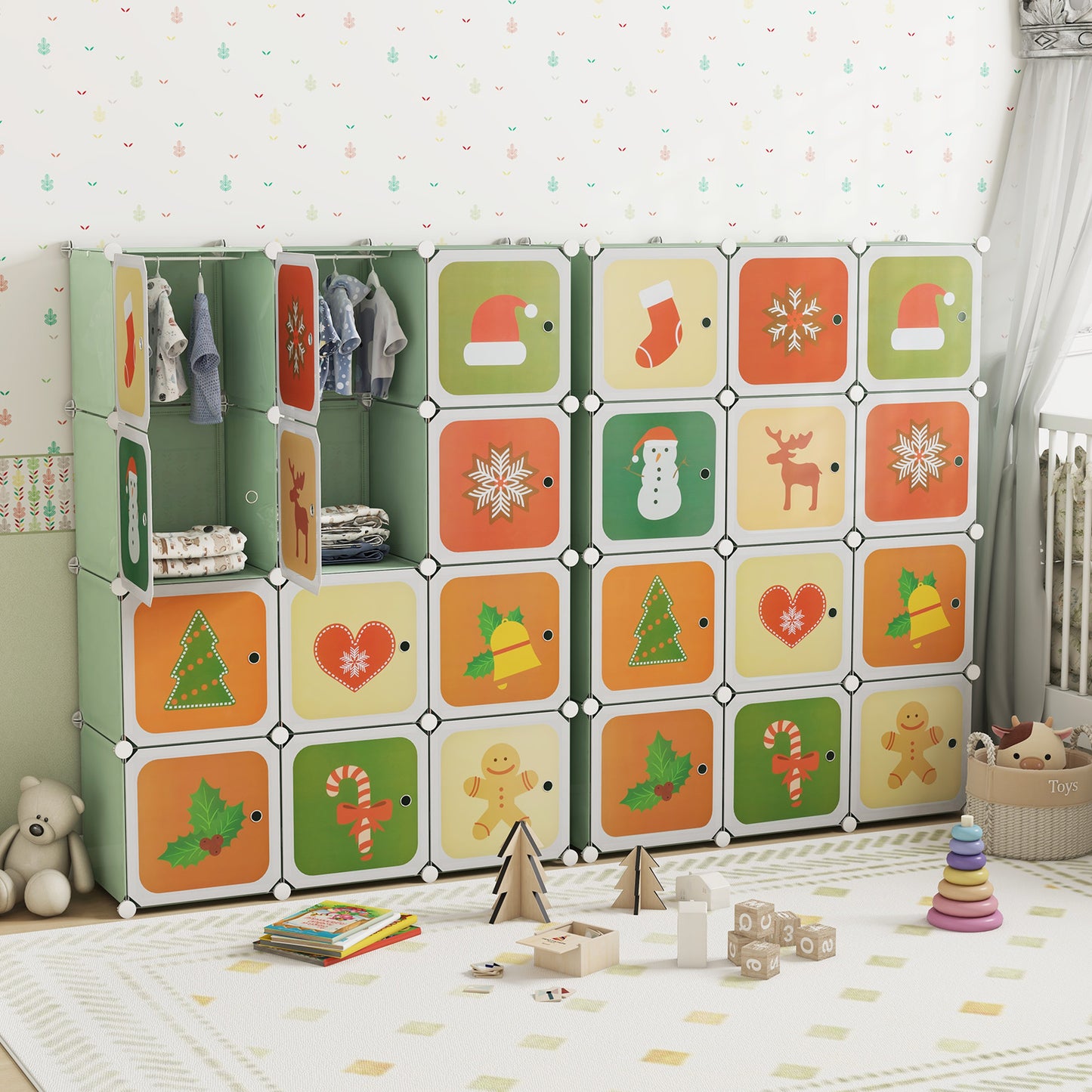12 Cube Kids Wardrobe Closet with Hanging Section and Doors-Green Kids Crystal
