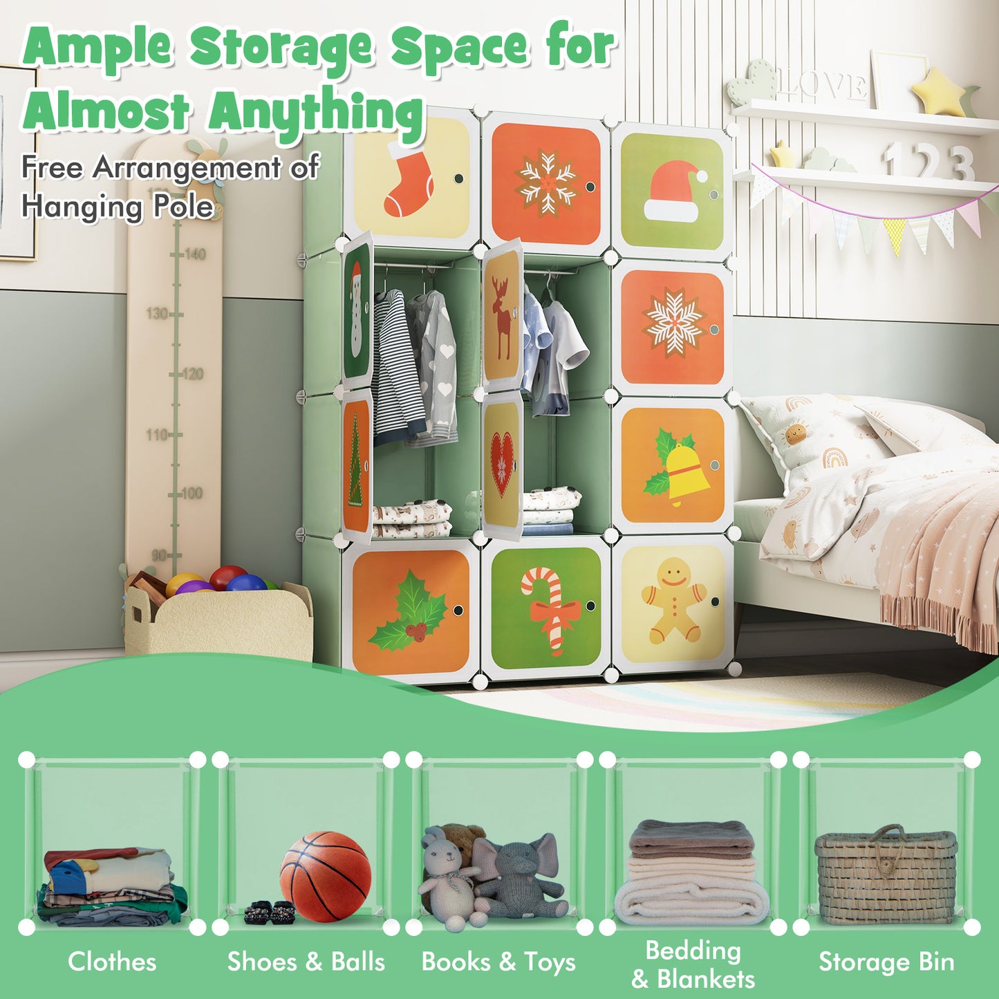 12 Cube Kids Wardrobe Closet with Hanging Section and Doors-Green Kids Crystal