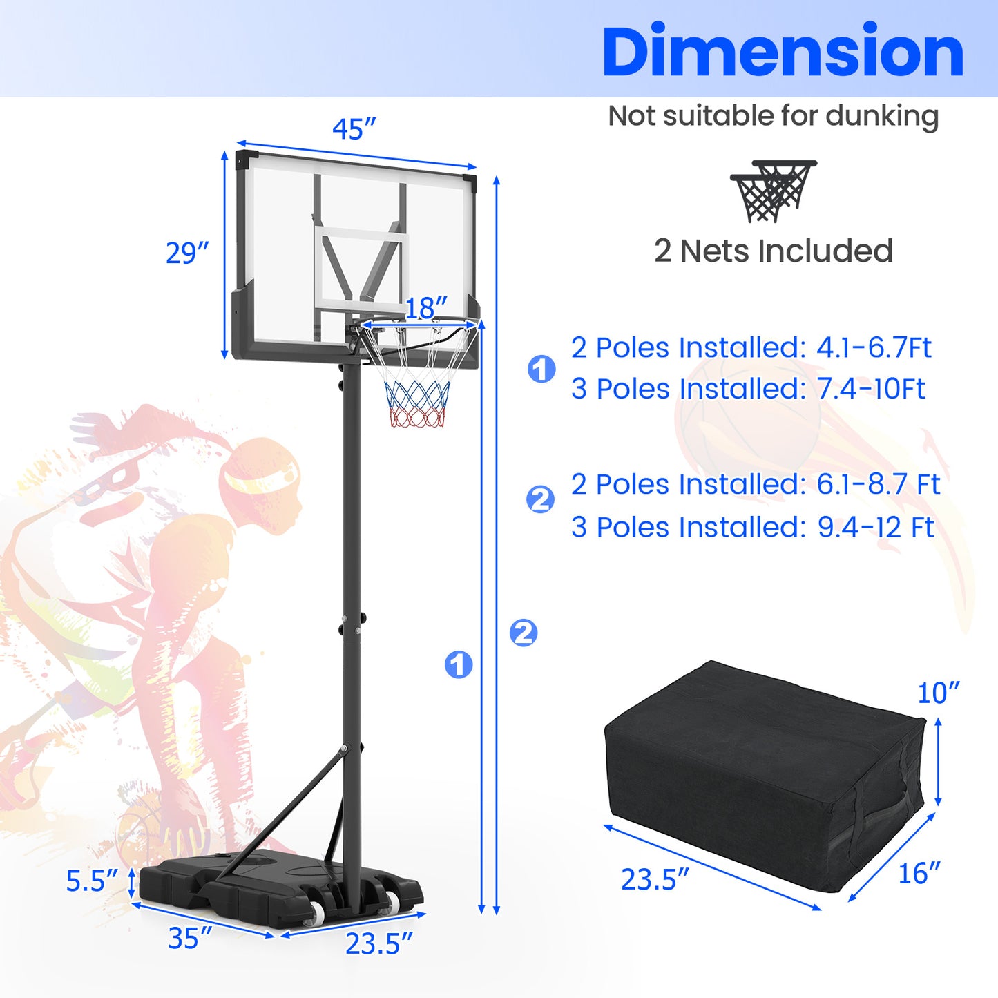 Portable Basketball Hoop Outdoor Basketball Goal System Adjustable for Kids Teens Adults Kids Crystal