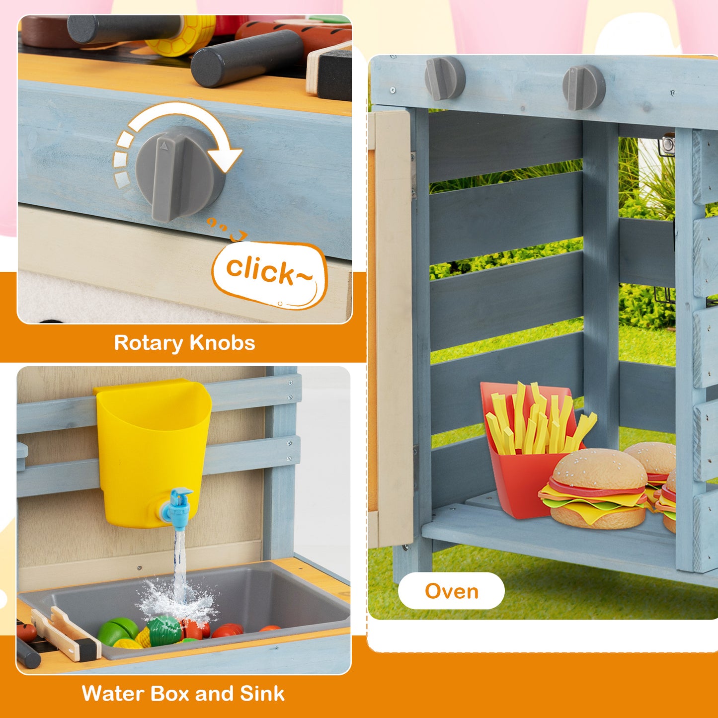 2 in 1 Wooden Mud Kitchen with Removable Water Box and Storage Bag-Gray Kids Crystal