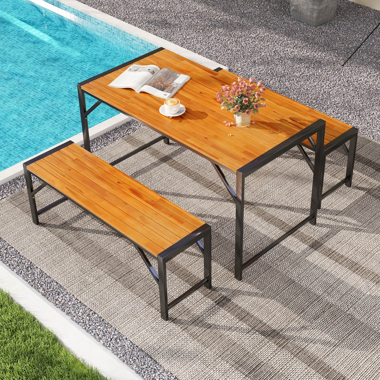 3 Pieces Patio Dining Set with Acacia Wood Dining Table and 2 Benches