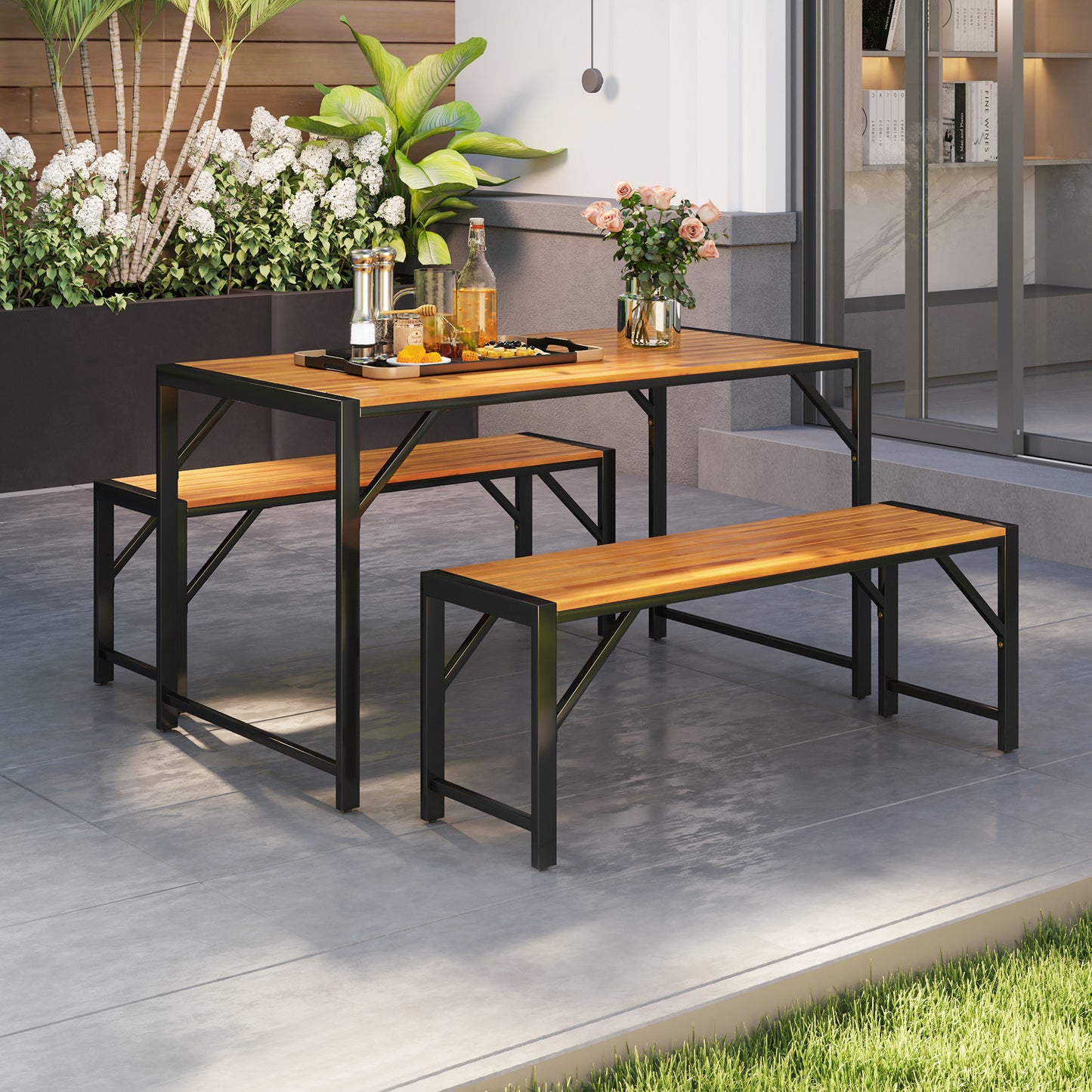 3 Pieces Patio Dining Set with Acacia Wood Dining Table and 2 Benches