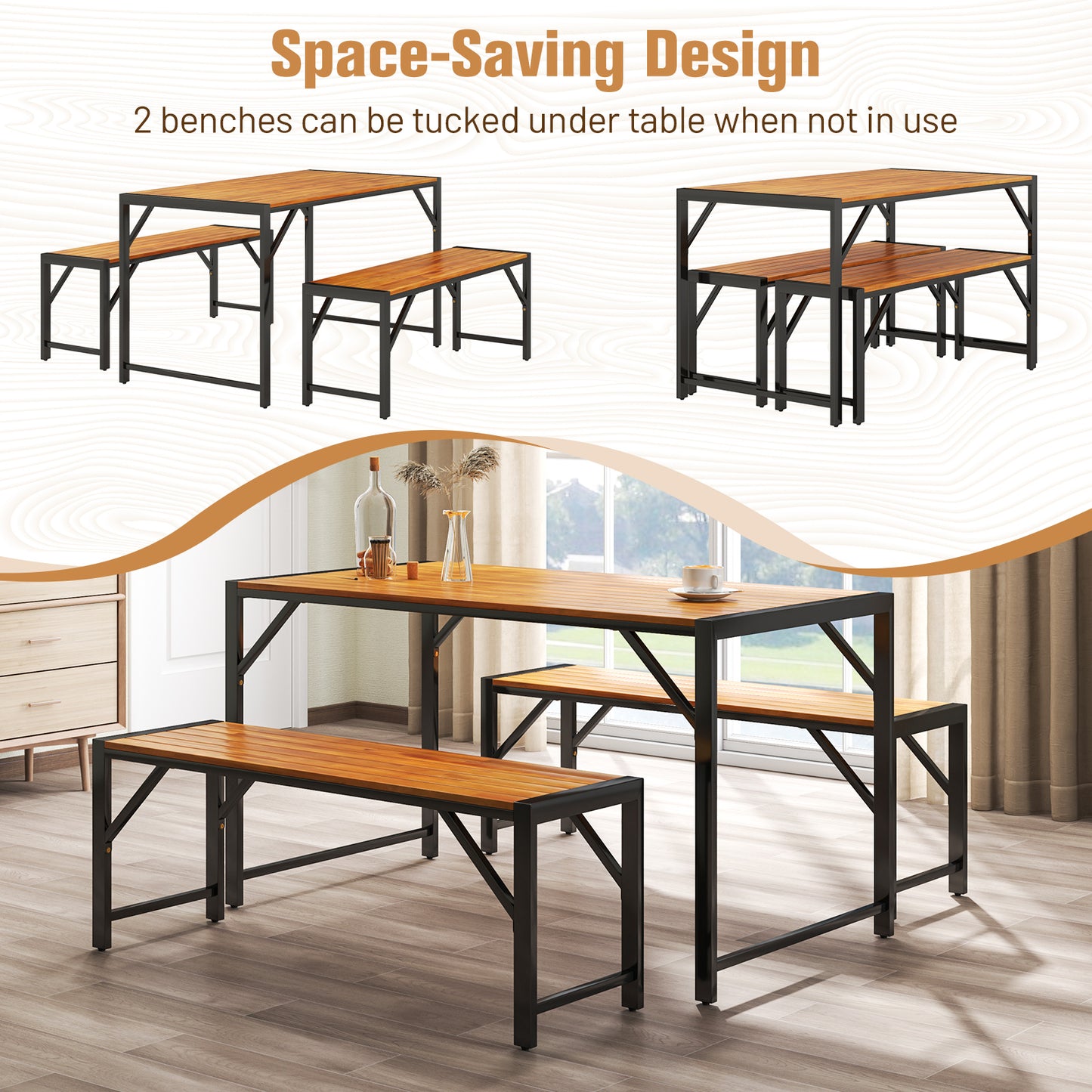 3 Pieces Patio Dining Set with Acacia Wood Dining Table and 2 Benches
