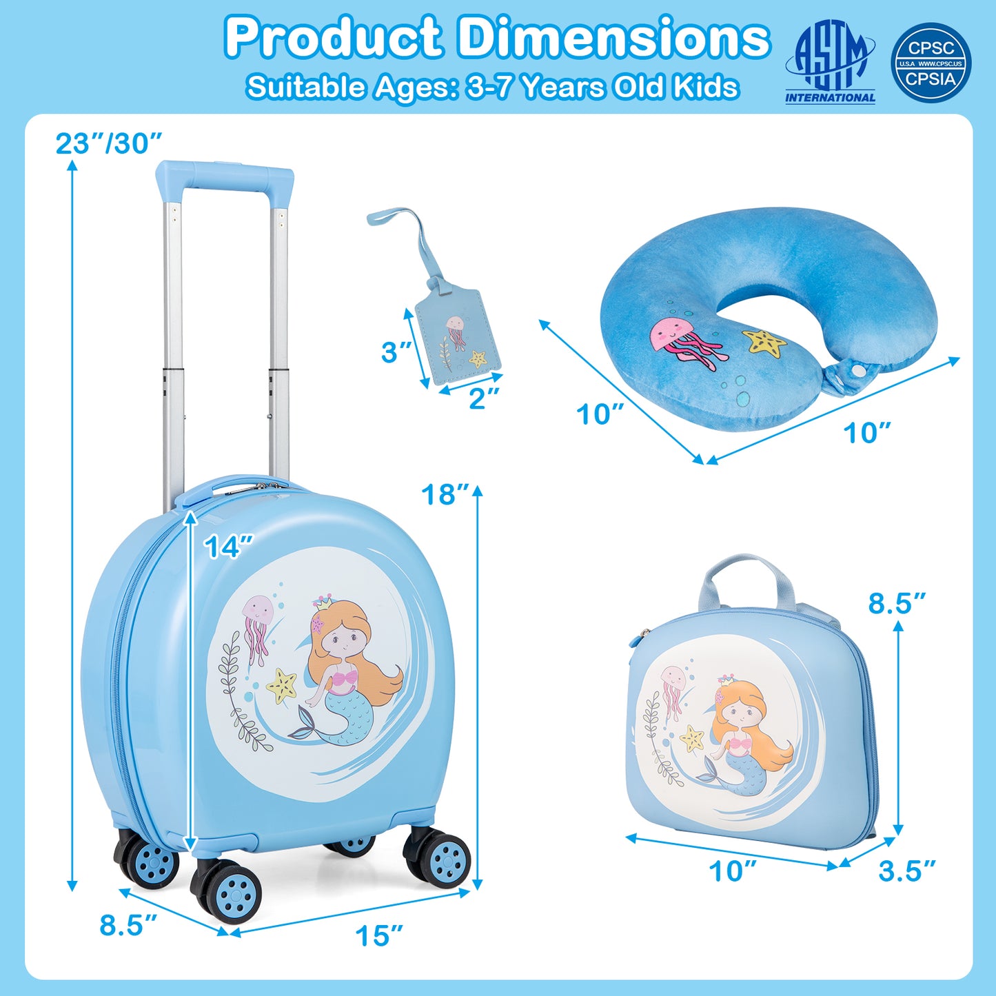 Kids Luggage Set with 14 Inches Carry-on Hardside Spinner Toddler Luggage and 10 Inches Backpack-Blue Kids Crystal