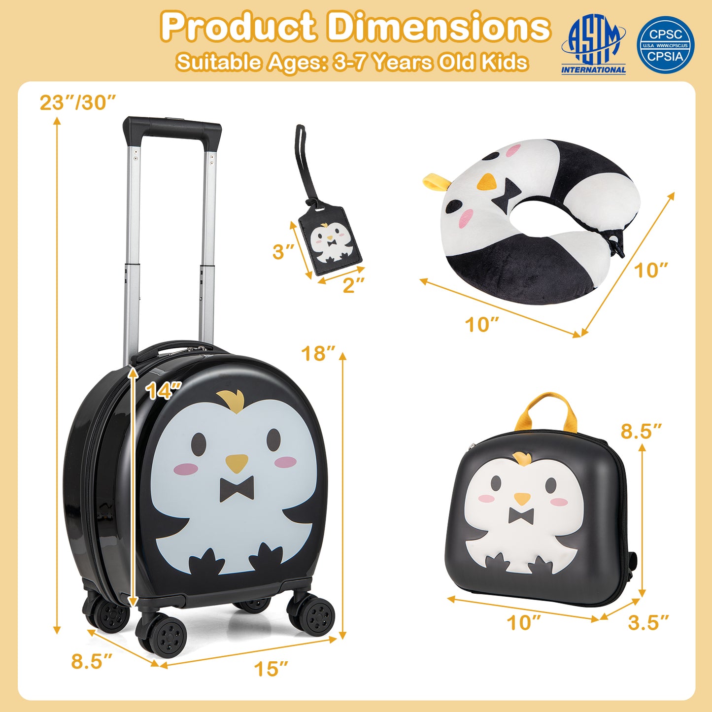 Kids Luggage Set with 14 Inches Carry-on Hardside Spinner Toddler Luggage and 10 Inches Backpack-Black Kids Crystal
