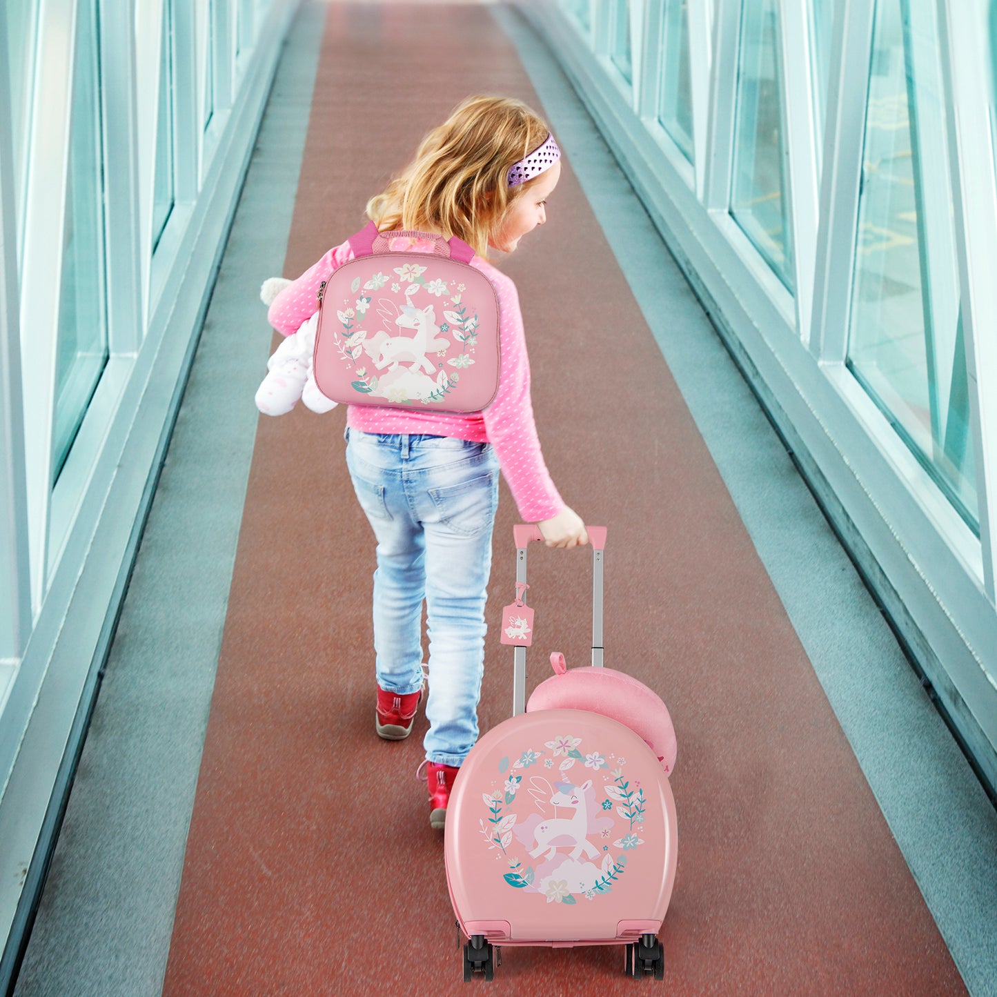 Kids Luggage Set with 14 Inches Carry-on Hardside Spinner Toddler Luggage and 10 Inches Backpack-Pink Kids Crystal