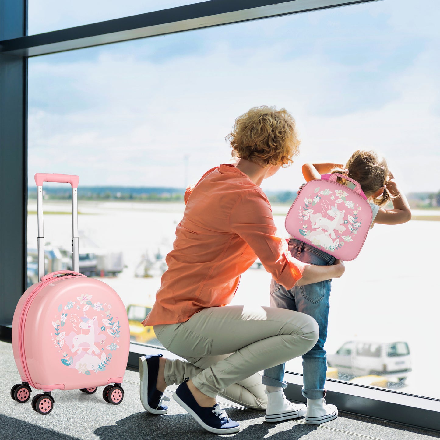 Kids Luggage Set with 14 Inches Carry-on Hardside Spinner Toddler Luggage and 10 Inches Backpack-Pink Kids Crystal