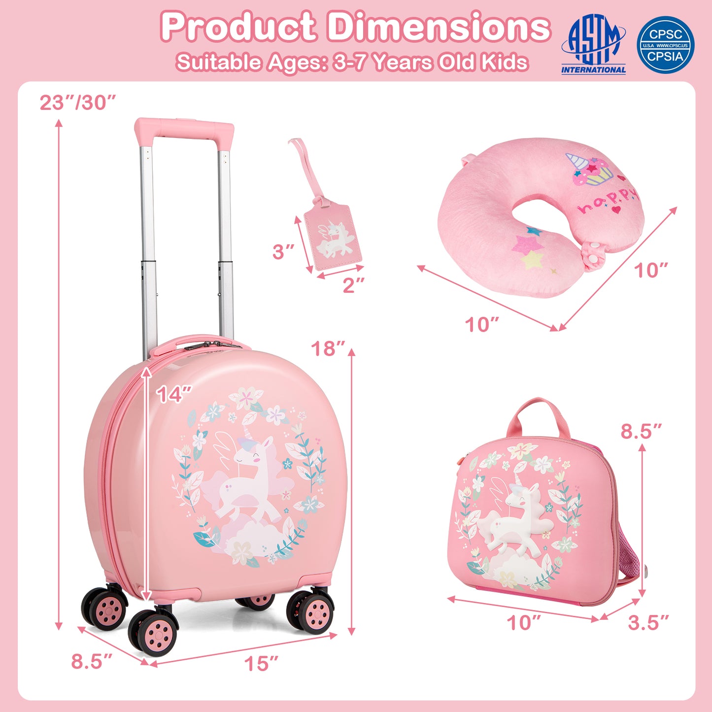 Kids Luggage Set with 14 Inches Carry-on Hardside Spinner Toddler Luggage and 10 Inches Backpack-Pink Kids Crystal