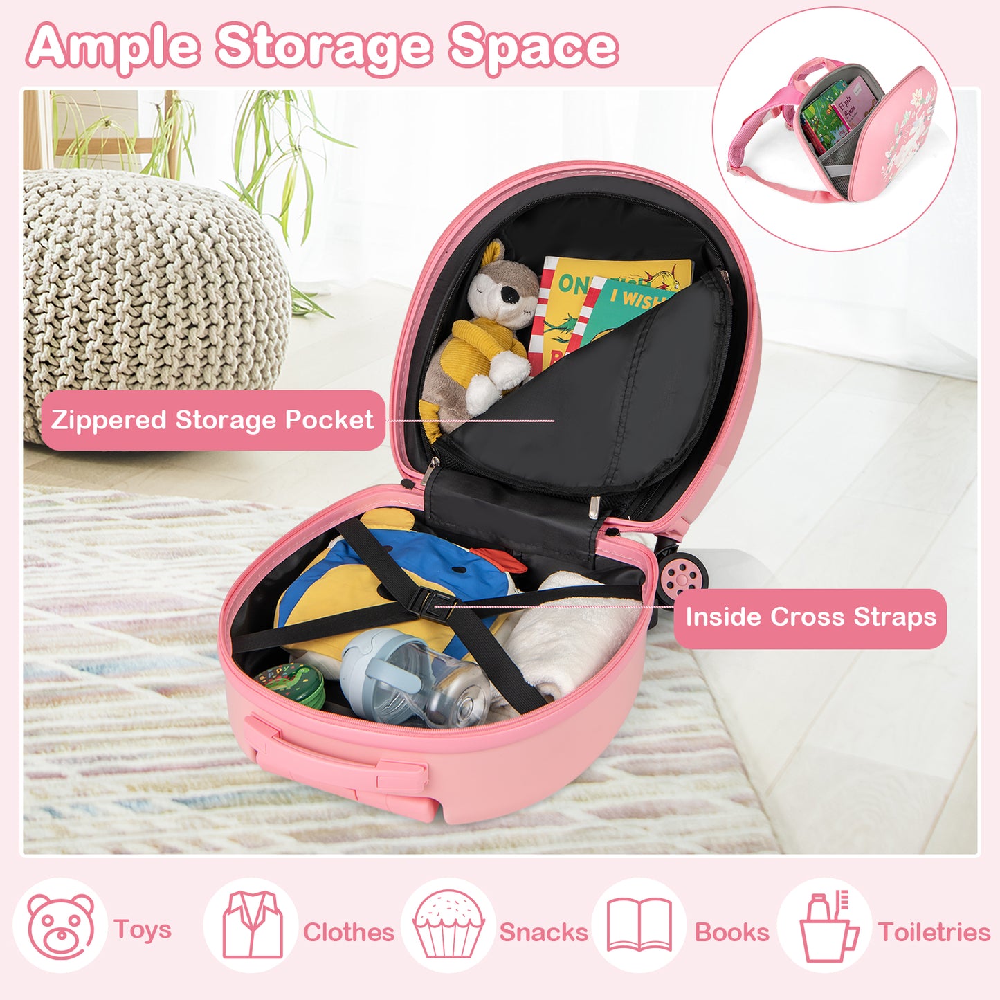 Kids Luggage Set with 14 Inches Carry-on Hardside Spinner Toddler Luggage and 10 Inches Backpack-Pink Kids Crystal