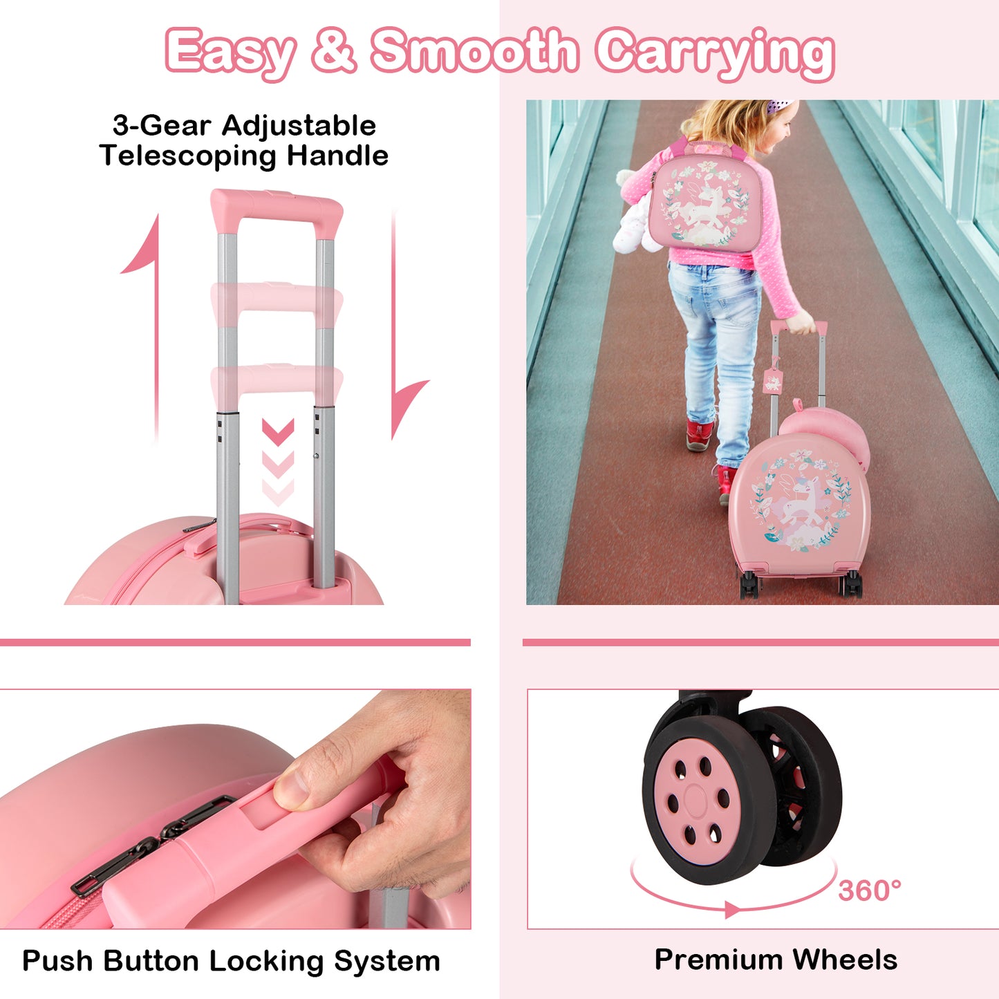 Kids Luggage Set with 14 Inches Carry-on Hardside Spinner Toddler Luggage and 10 Inches Backpack-Pink Kids Crystal