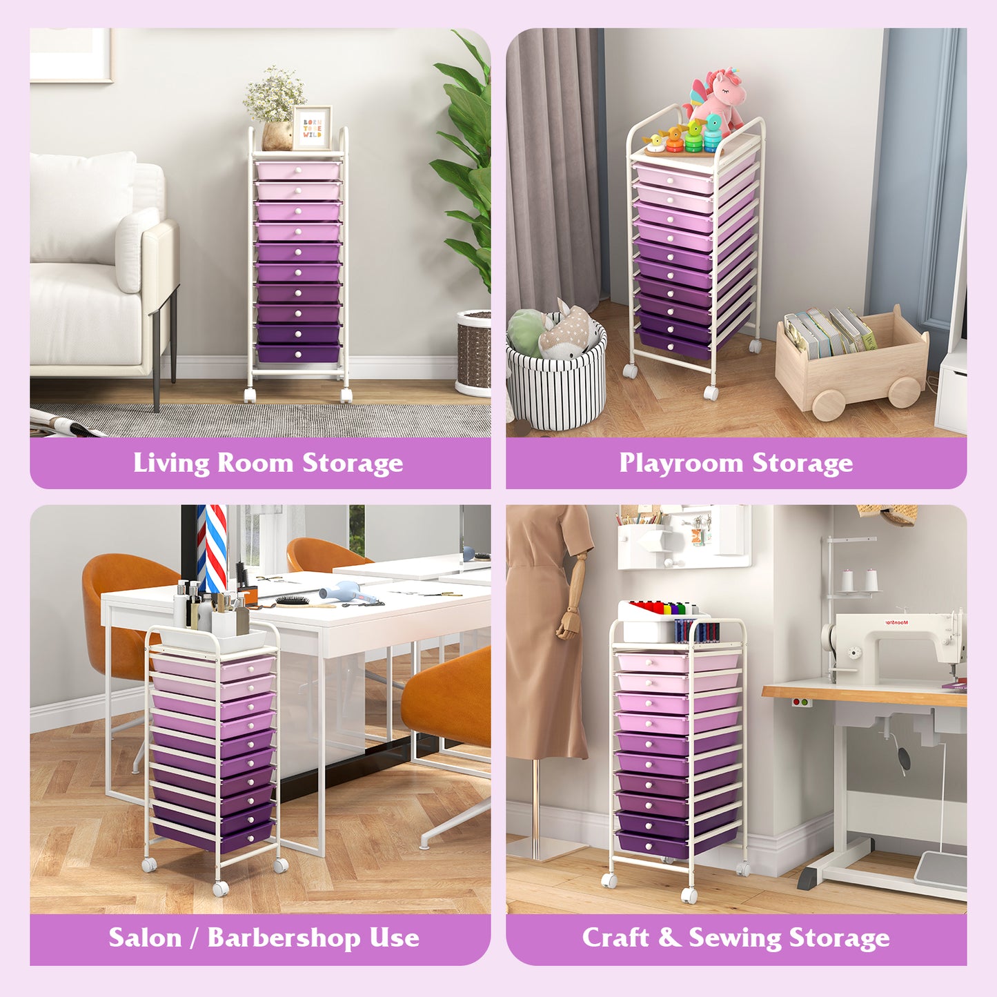 10 Drawer Rolling Storage Cart Organizer with 4 Universal Casters-Purple Kids Crystal