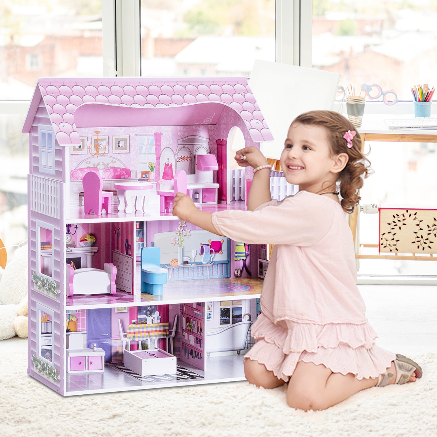 28 Inch Pink Dollhouse with Furniture Kids Crystal
