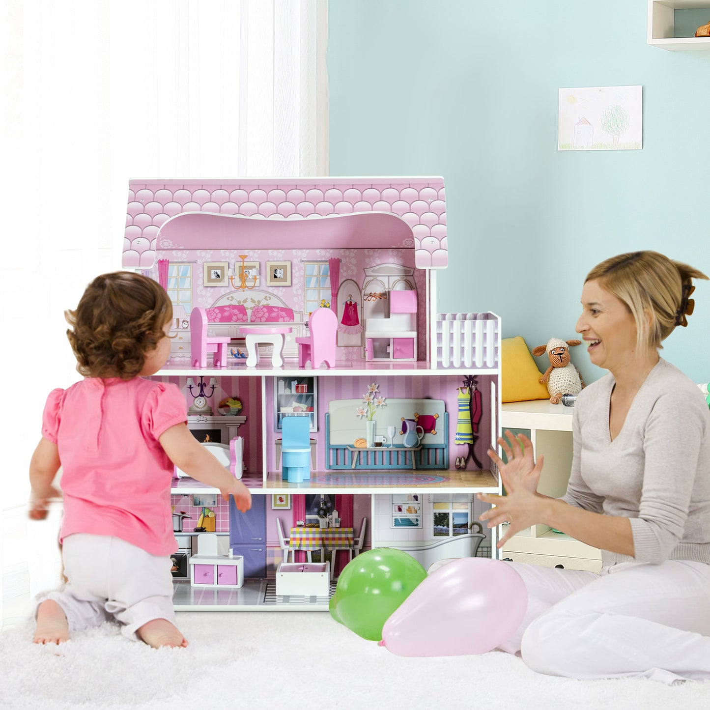 28 Inch Pink Dollhouse with Furniture Kids Crystal