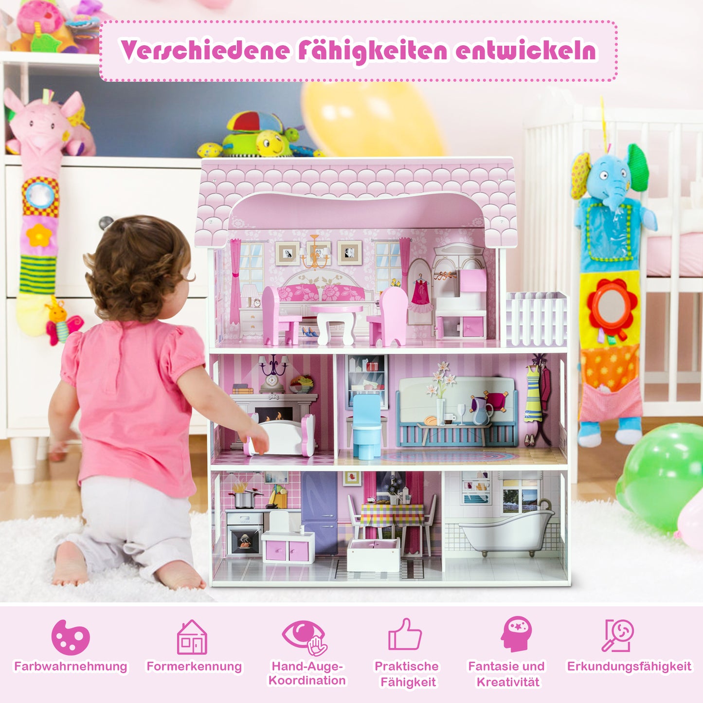 28 Inch Pink Dollhouse with Furniture Kids Crystal