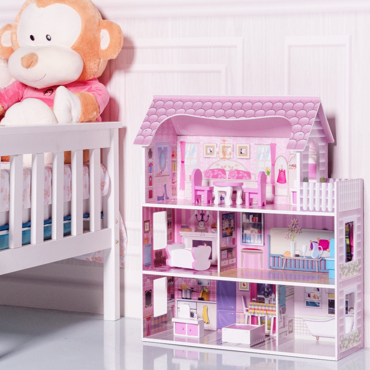 28 Inch Pink Dollhouse with Furniture Kids Crystal