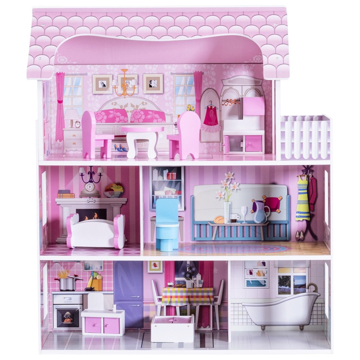 28 Inch Pink Dollhouse with Furniture Kids Crystal