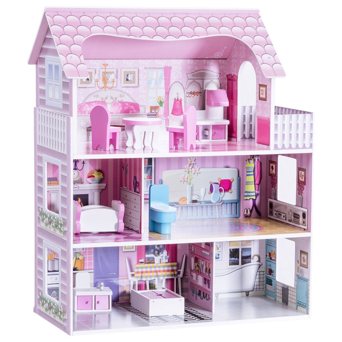 28 Inch Pink Dollhouse with Furniture Kids Crystal