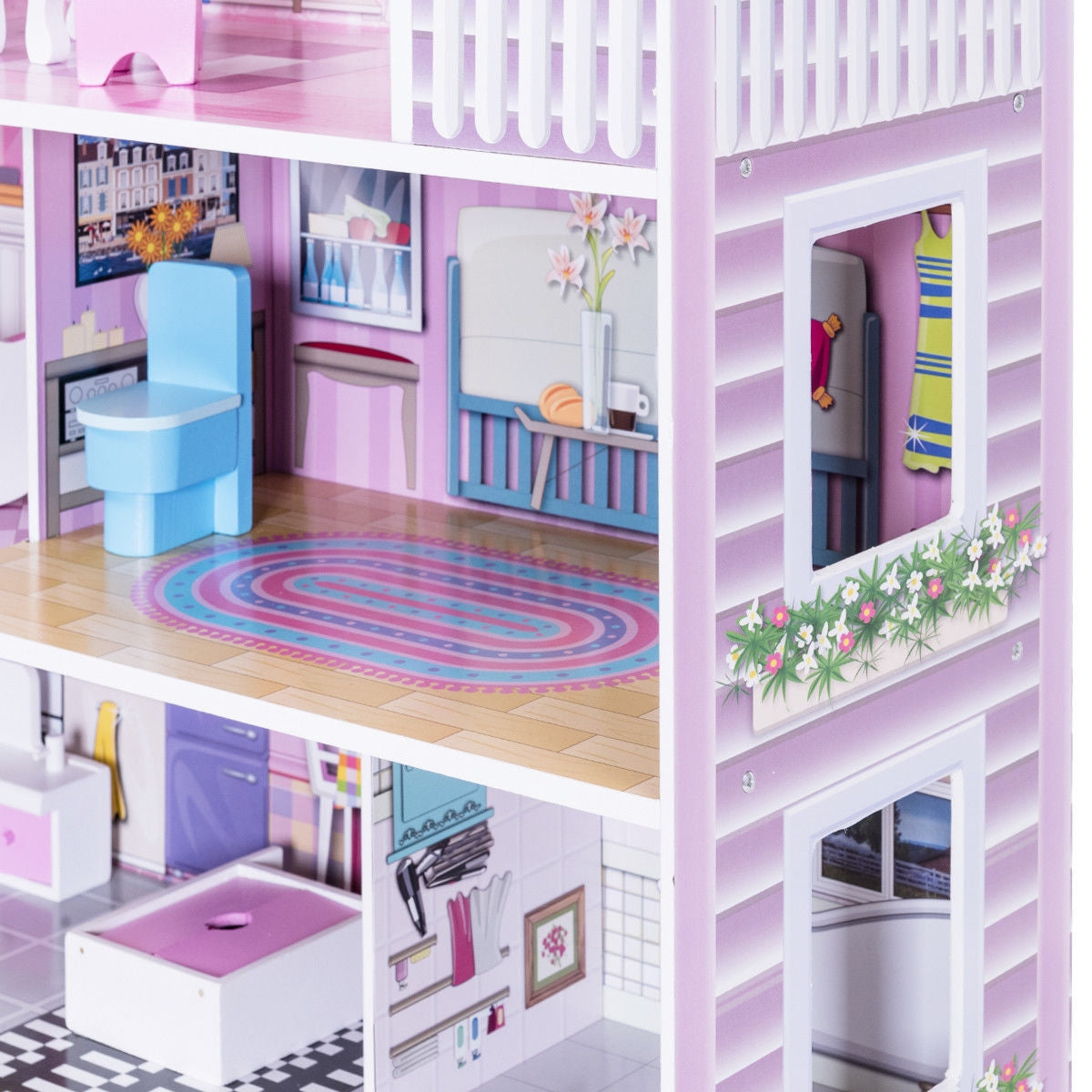 28 Inch Pink Dollhouse with Furniture Kids Crystal