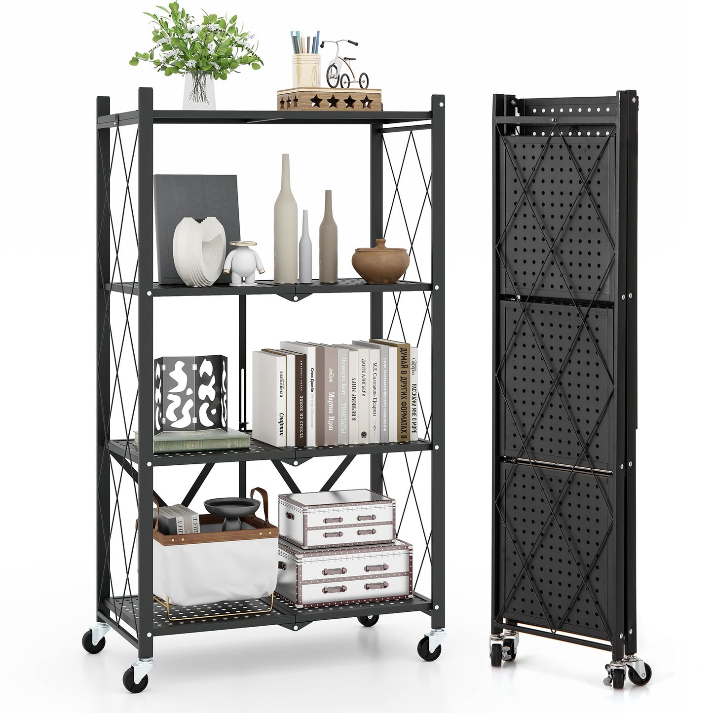 4-Tier Foldable Storage Shelf Collapsible Storage Rack with Lockable Wheels-Black Kids Crystal