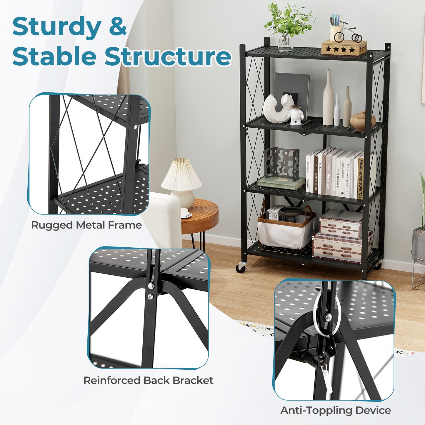 4-Tier Foldable Storage Shelf Collapsible Storage Rack with Lockable Wheels-Black Kids Crystal
