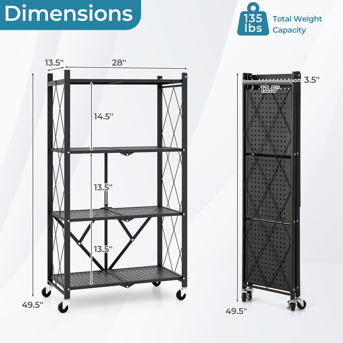 4-Tier Foldable Storage Shelf Collapsible Storage Rack with Lockable Wheels-Black Kids Crystal