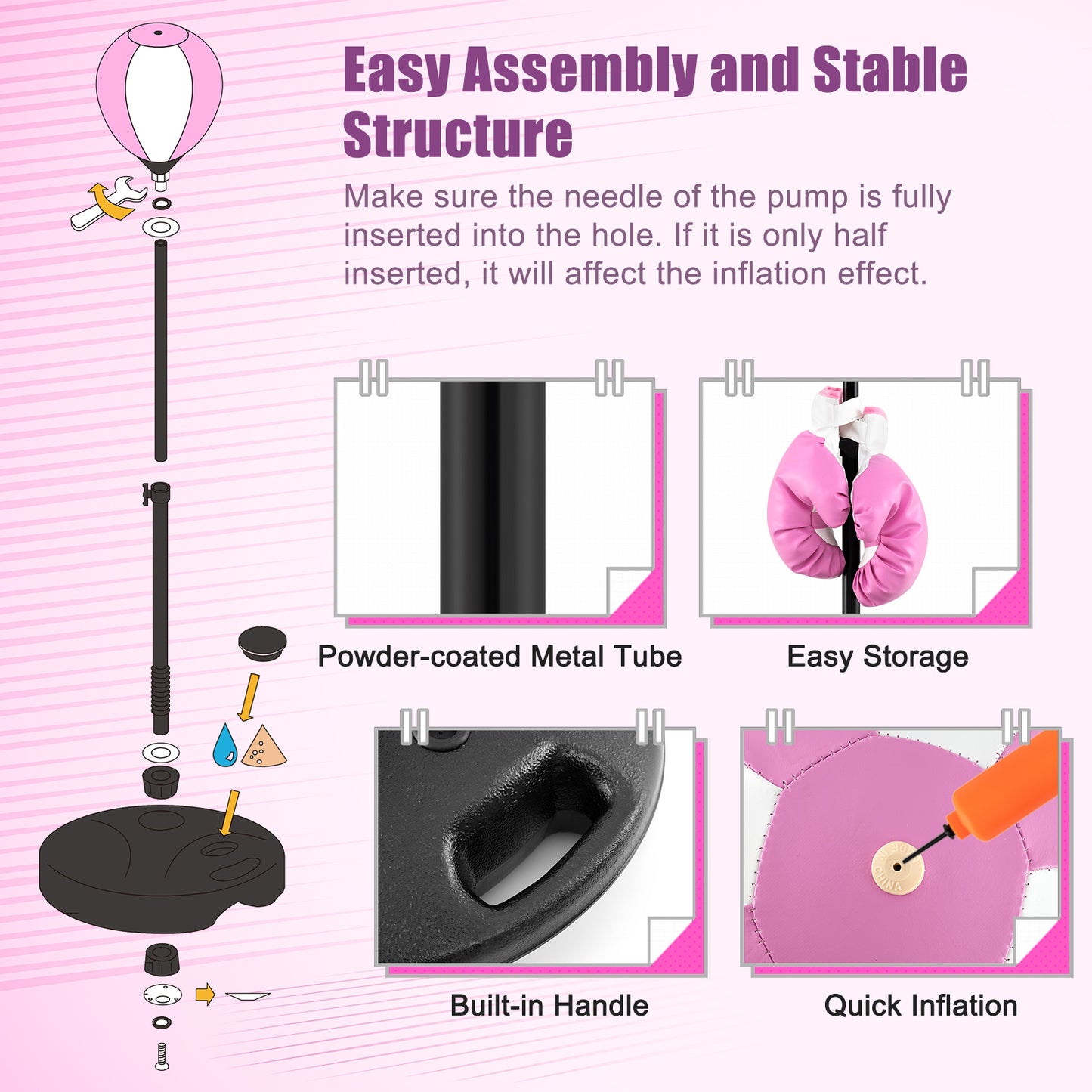 Kids Adjustable Stand Punching Bag Toy Set with Boxing Glove and Base-Pink Kids Crystal