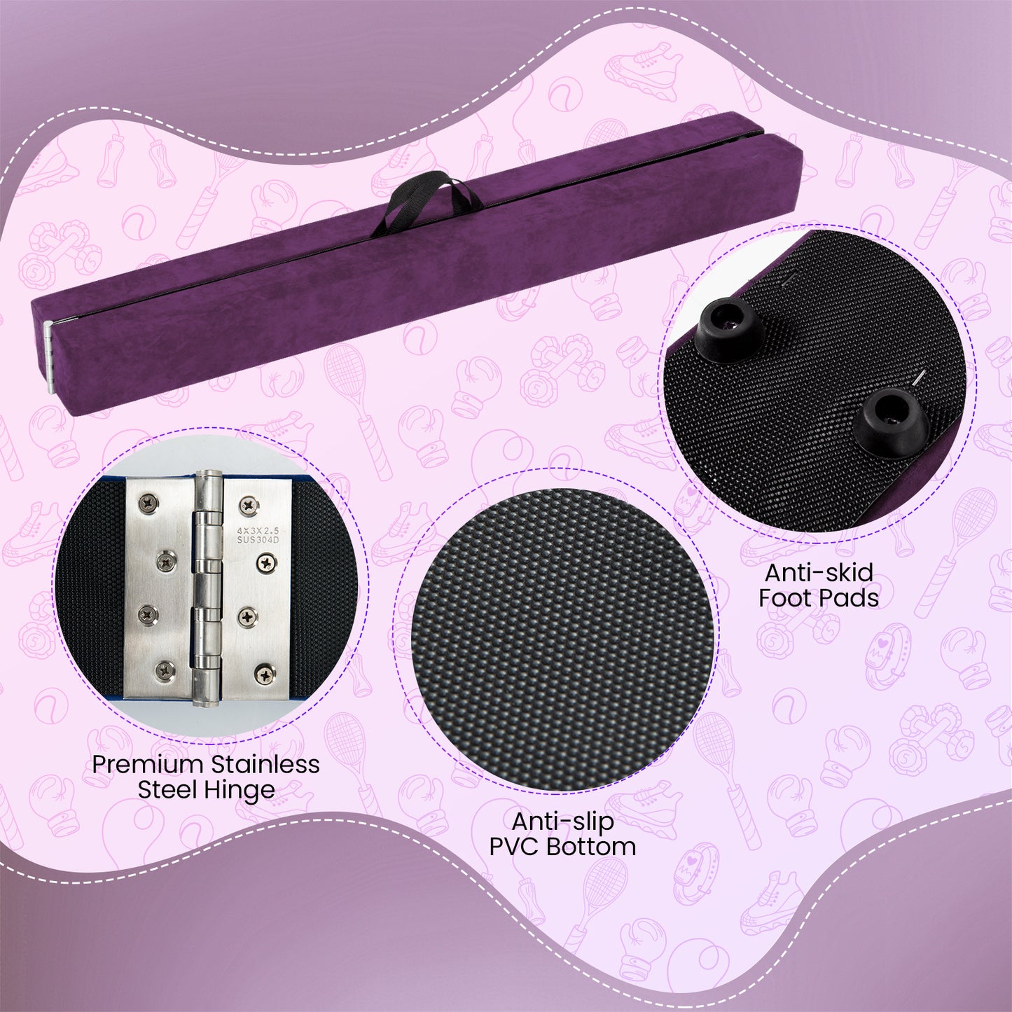 Folding Balance Beam with Solid Wood Base and Anti-slip Bottom-Purple Kids Crystal