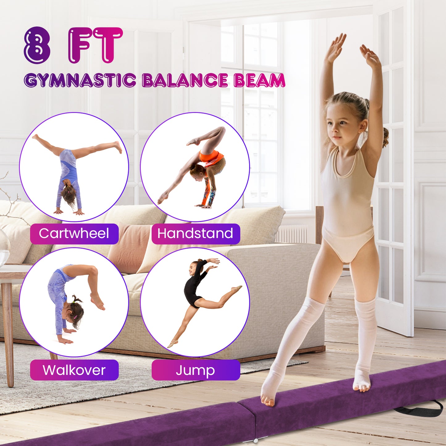 Folding Balance Beam with Solid Wood Base and Anti-slip Bottom-Purple Kids Crystal