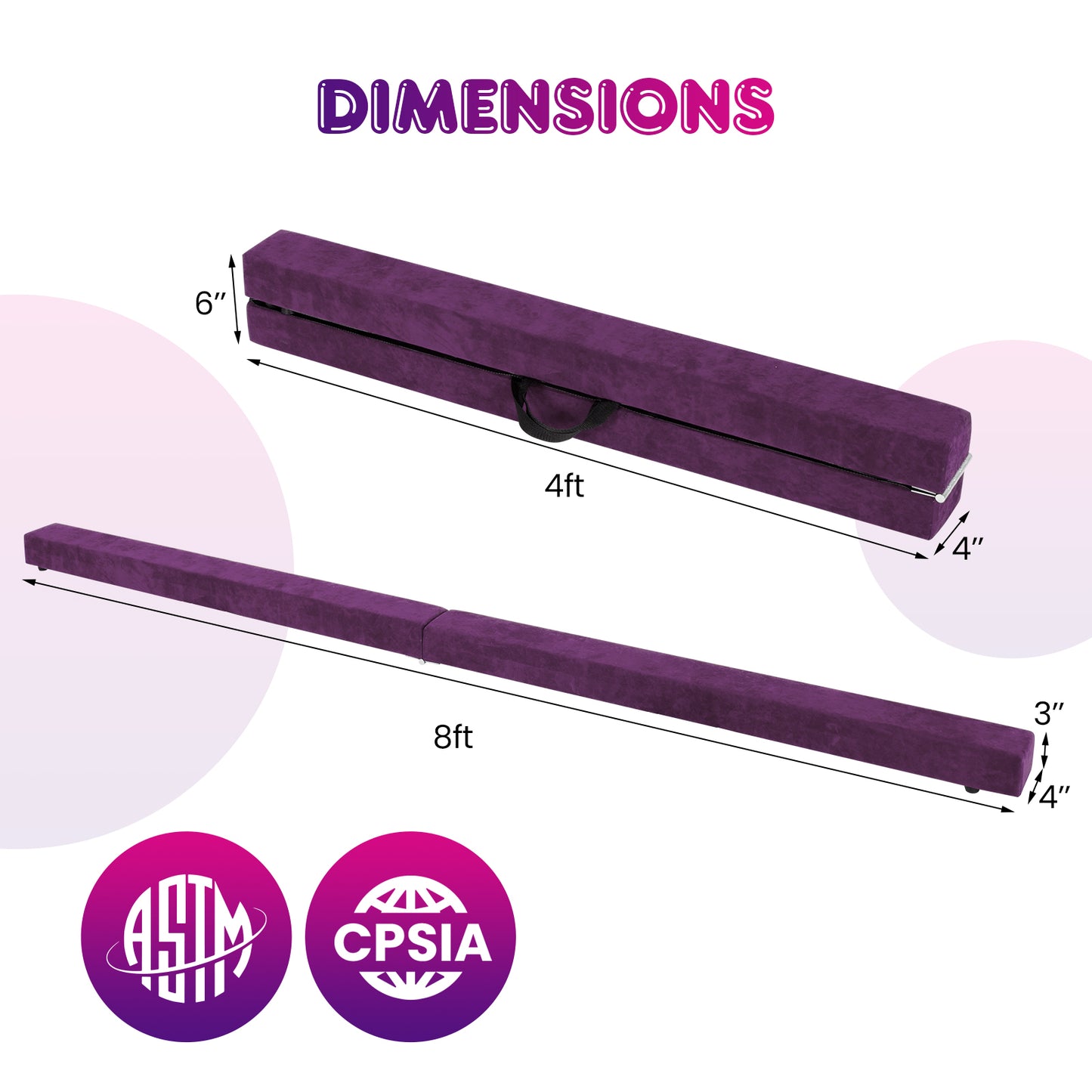 Folding Balance Beam with Solid Wood Base and Anti-slip Bottom-Purple Kids Crystal