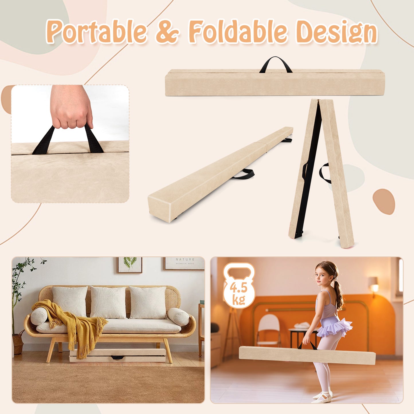 Folding Balance Beam with Solid Wood Base and Anti-slip Bottom-Beige Kids Crystal
