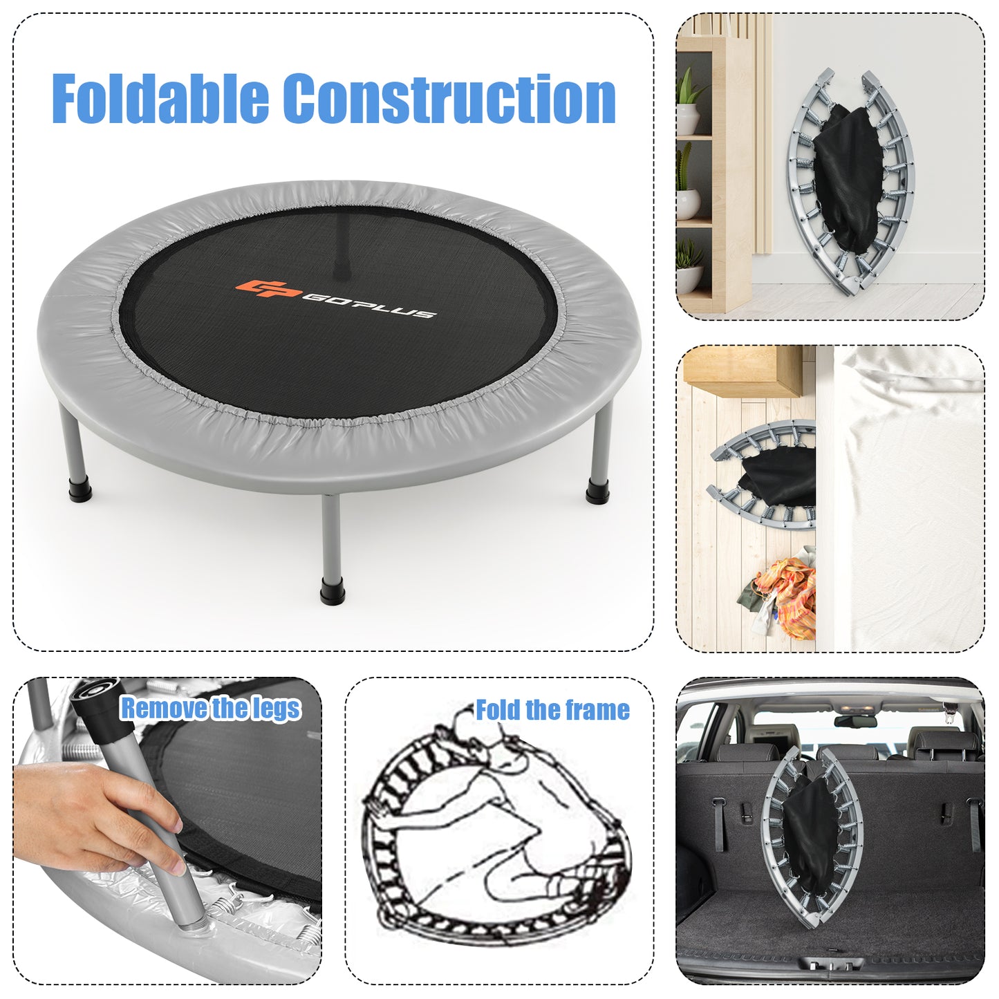 36 Inch Mini Folding Trampoline Portable Recreational Fitness Rebounder-Silver Kids Crystal
