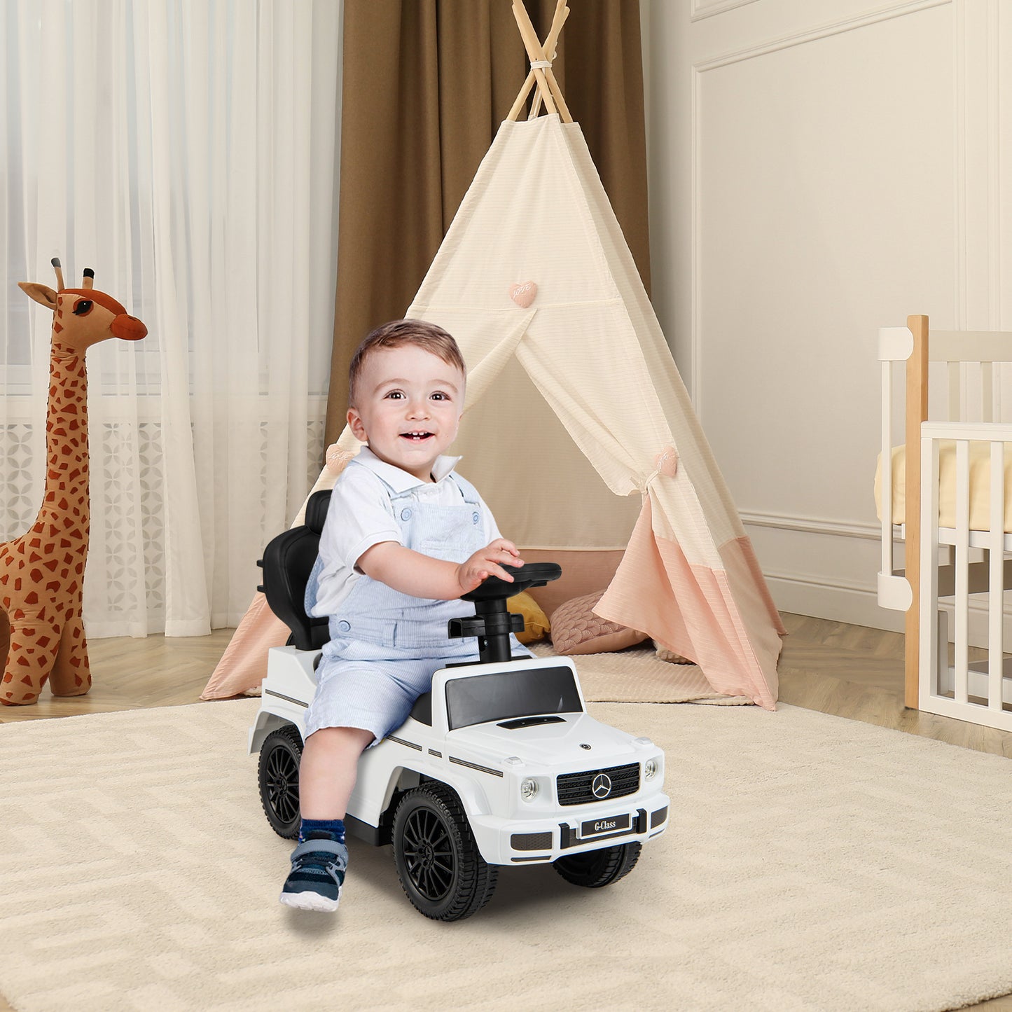 3-In-1 Ride on Push Car Mercedes Benz G350 Stroller Sliding Car with Canopy-White Kids Crystal