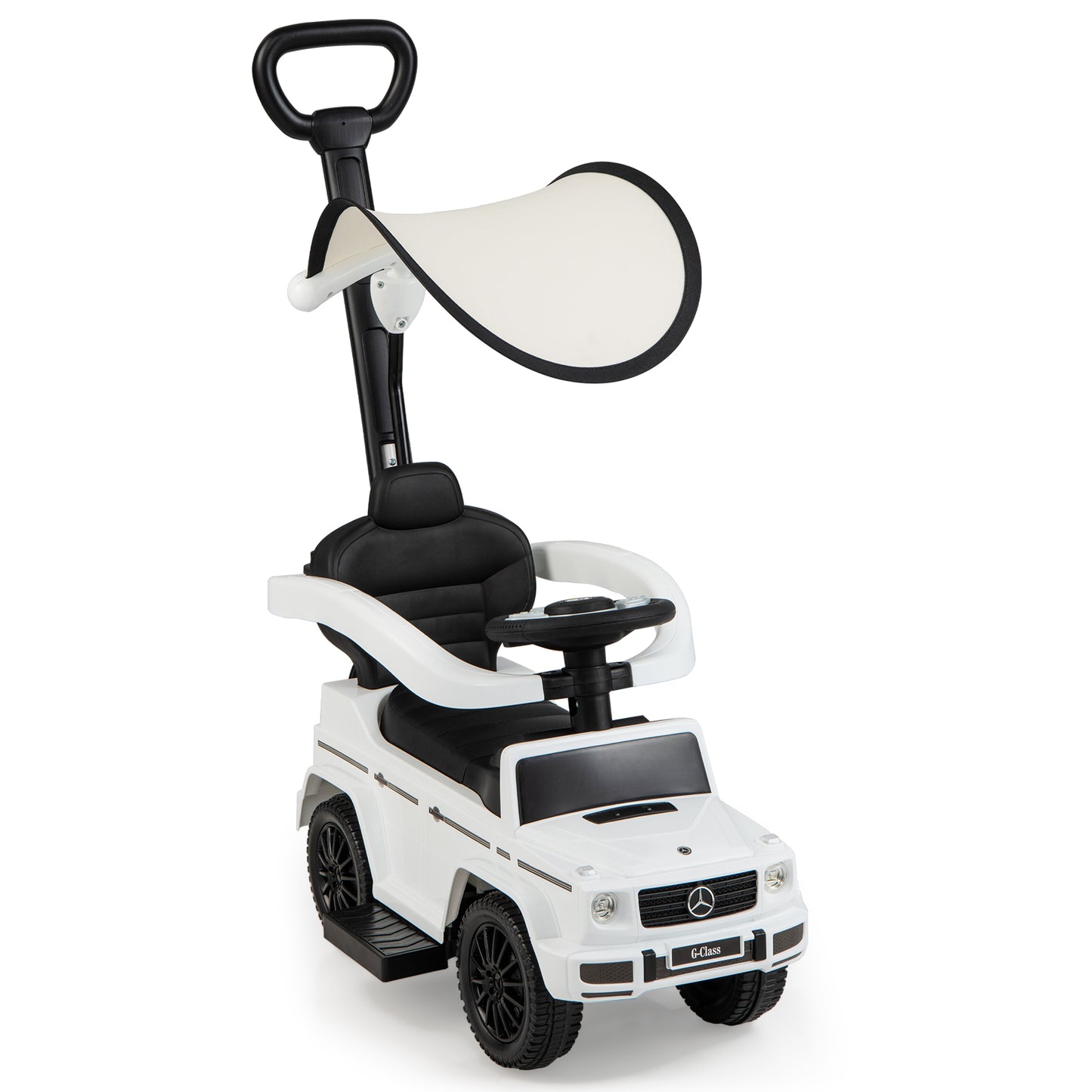 3-In-1 Ride on Push Car Mercedes Benz G350 Stroller Sliding Car with Canopy-White Kids Crystal