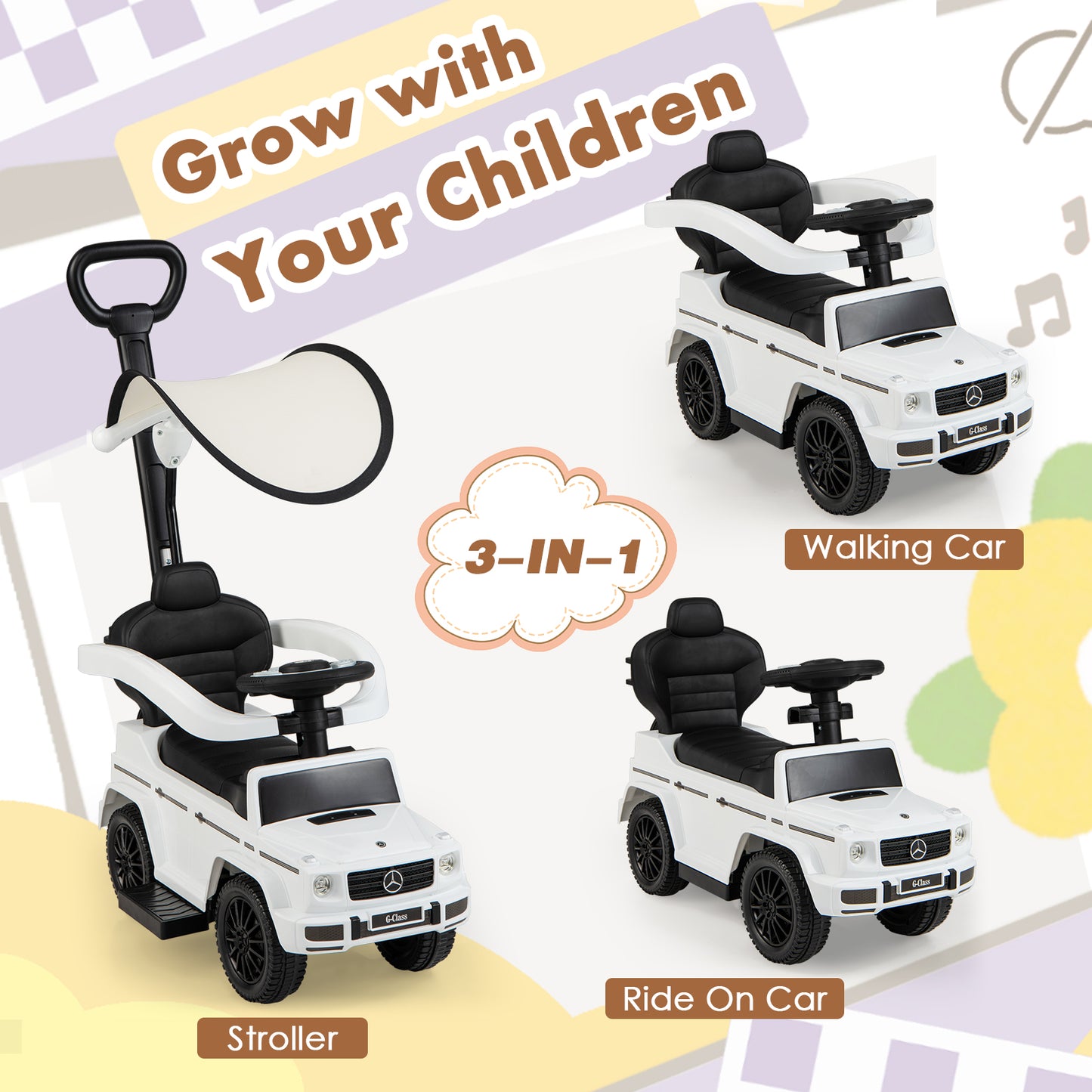 3-In-1 Ride on Push Car Mercedes Benz G350 Stroller Sliding Car with Canopy-White Kids Crystal