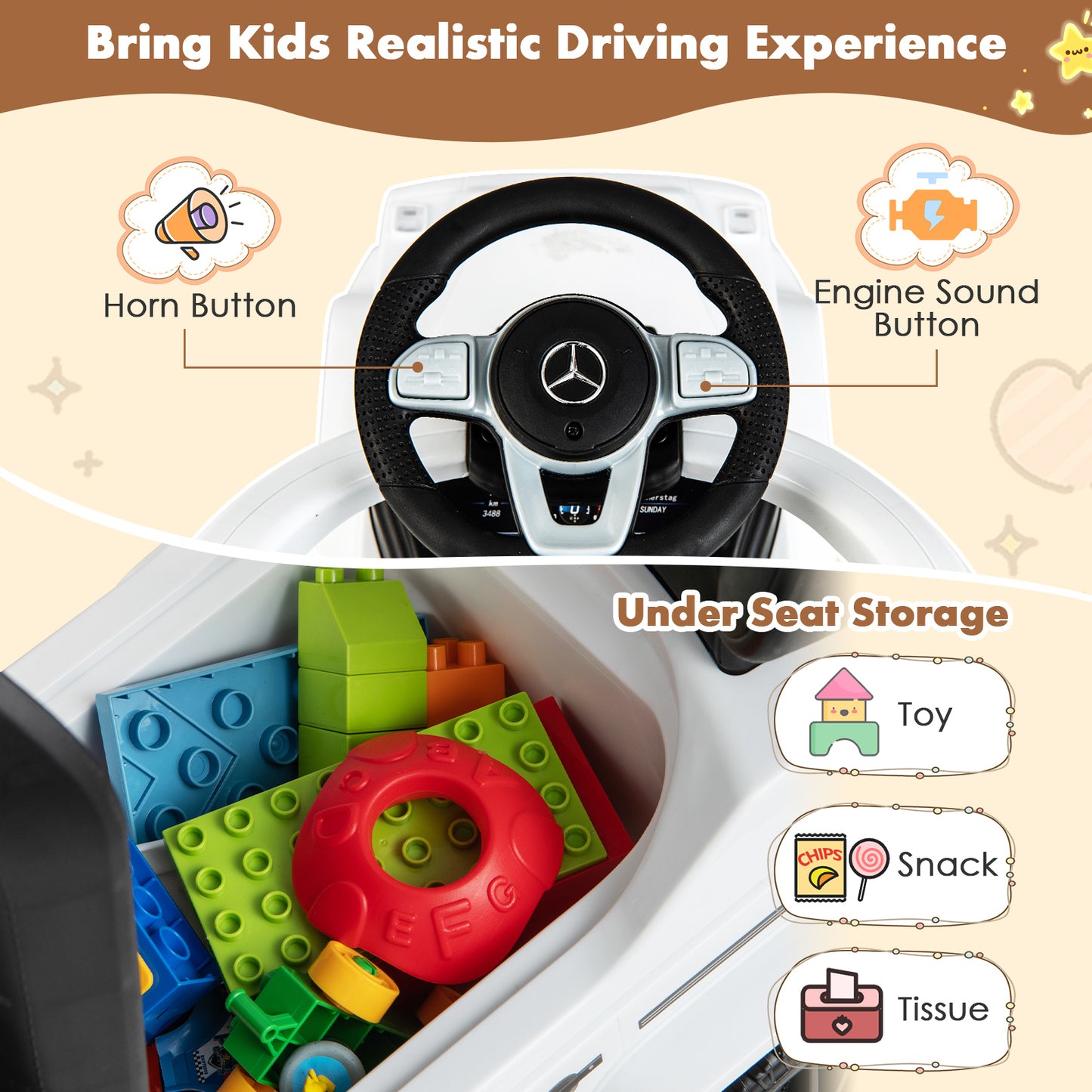3-In-1 Ride on Push Car Mercedes Benz G350 Stroller Sliding Car with Canopy-White Kids Crystal