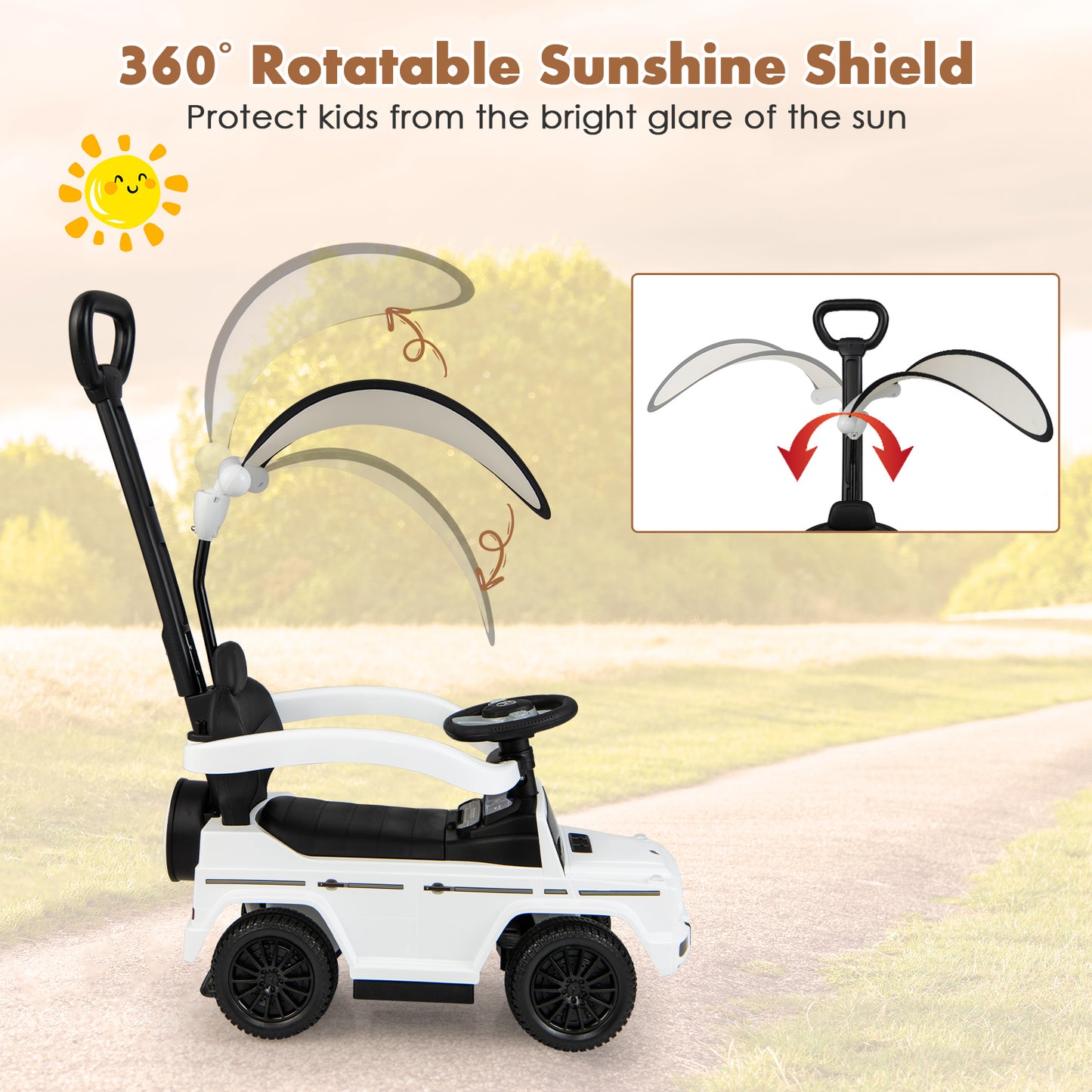 3-In-1 Ride on Push Car Mercedes Benz G350 Stroller Sliding Car with Canopy-White Kids Crystal