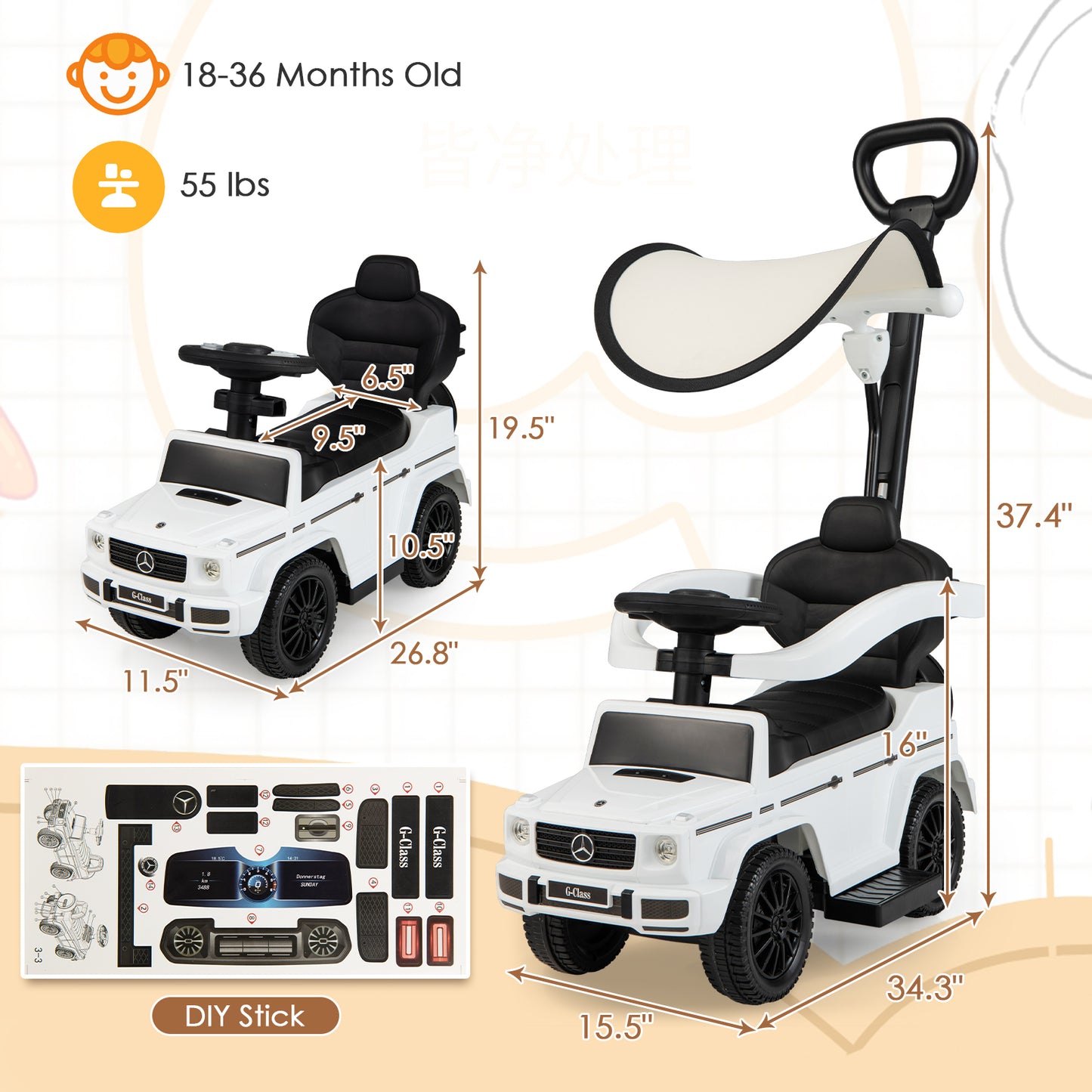 3-In-1 Ride on Push Car Mercedes Benz G350 Stroller Sliding Car with Canopy-White Kids Crystal