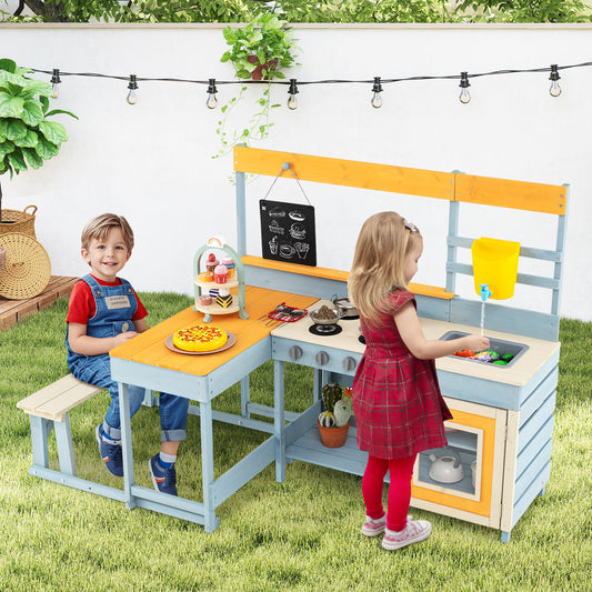 Fir Wood Play Kitchen with Kids Picnic Table and Built-in Bench-Grey Kids Crystal
