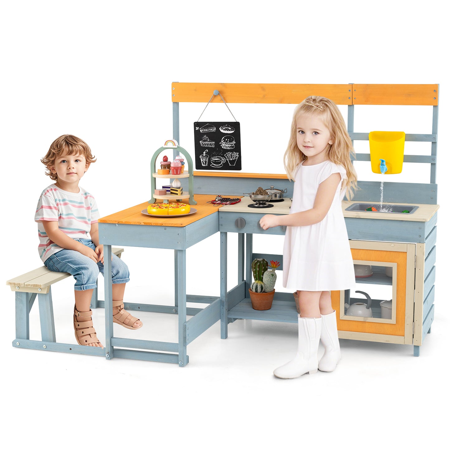 Fir Wood Play Kitchen with Kids Picnic Table and Built-in Bench-Grey Kids Crystal