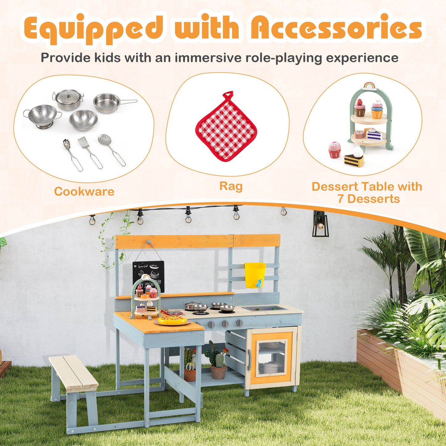 Fir Wood Play Kitchen with Kids Picnic Table and Built-in Bench-Grey Kids Crystal