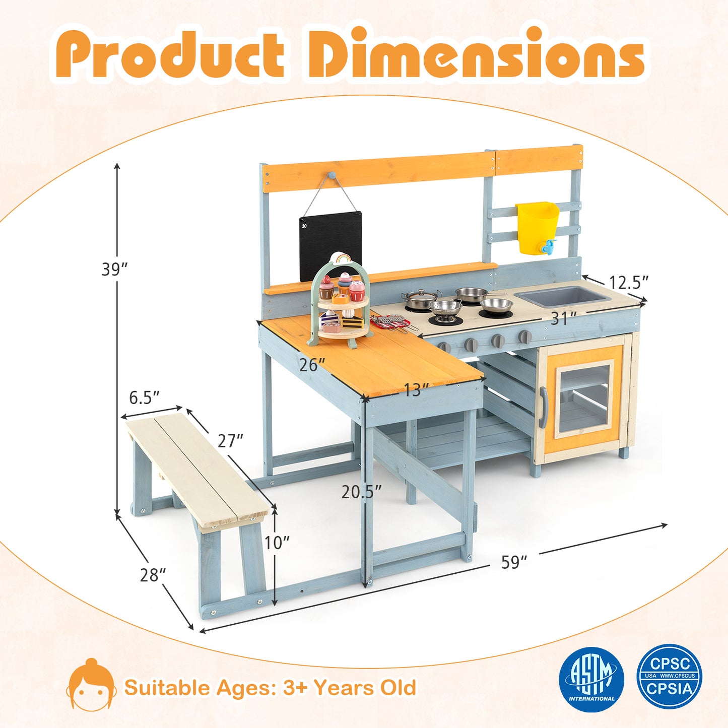 Fir Wood Play Kitchen with Kids Picnic Table and Built-in Bench-Grey Kids Crystal