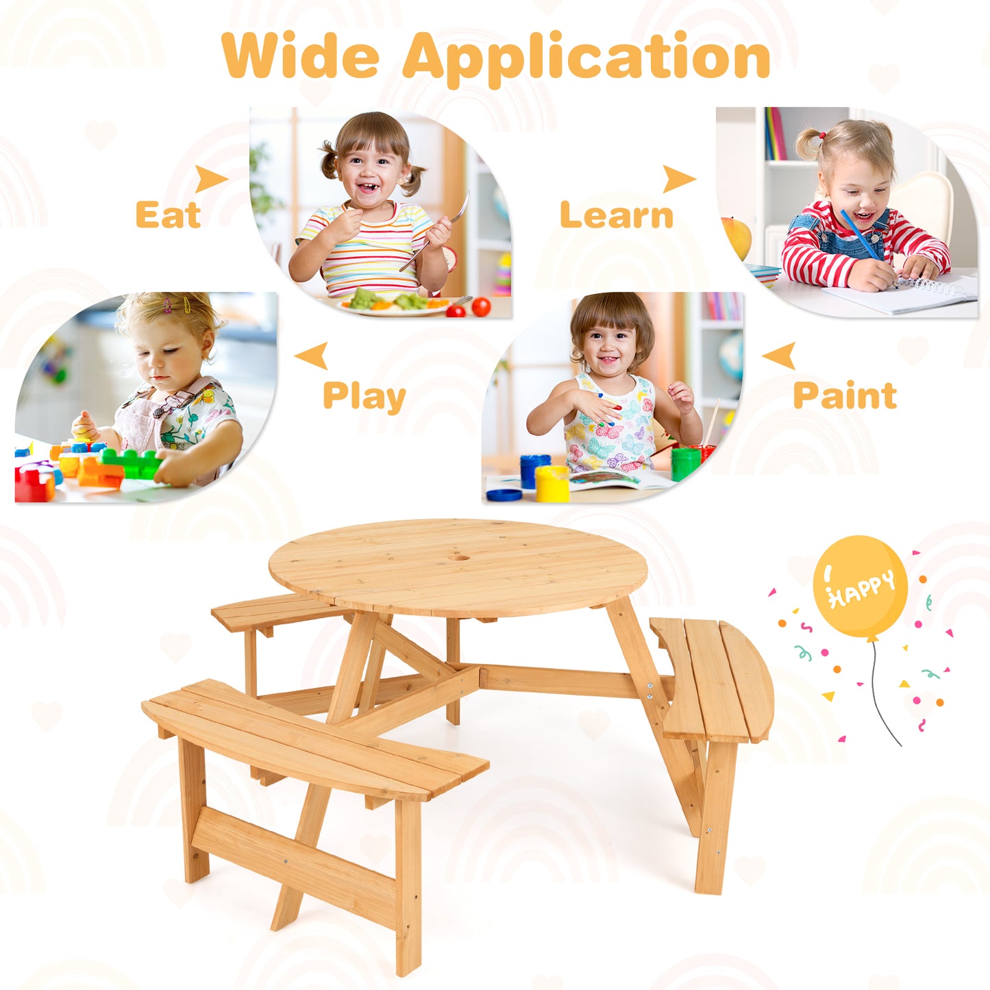 Kids Outdoor Wooden Picnic Table and Bench Set with Umbrella Hole-Natural Kids Crystal